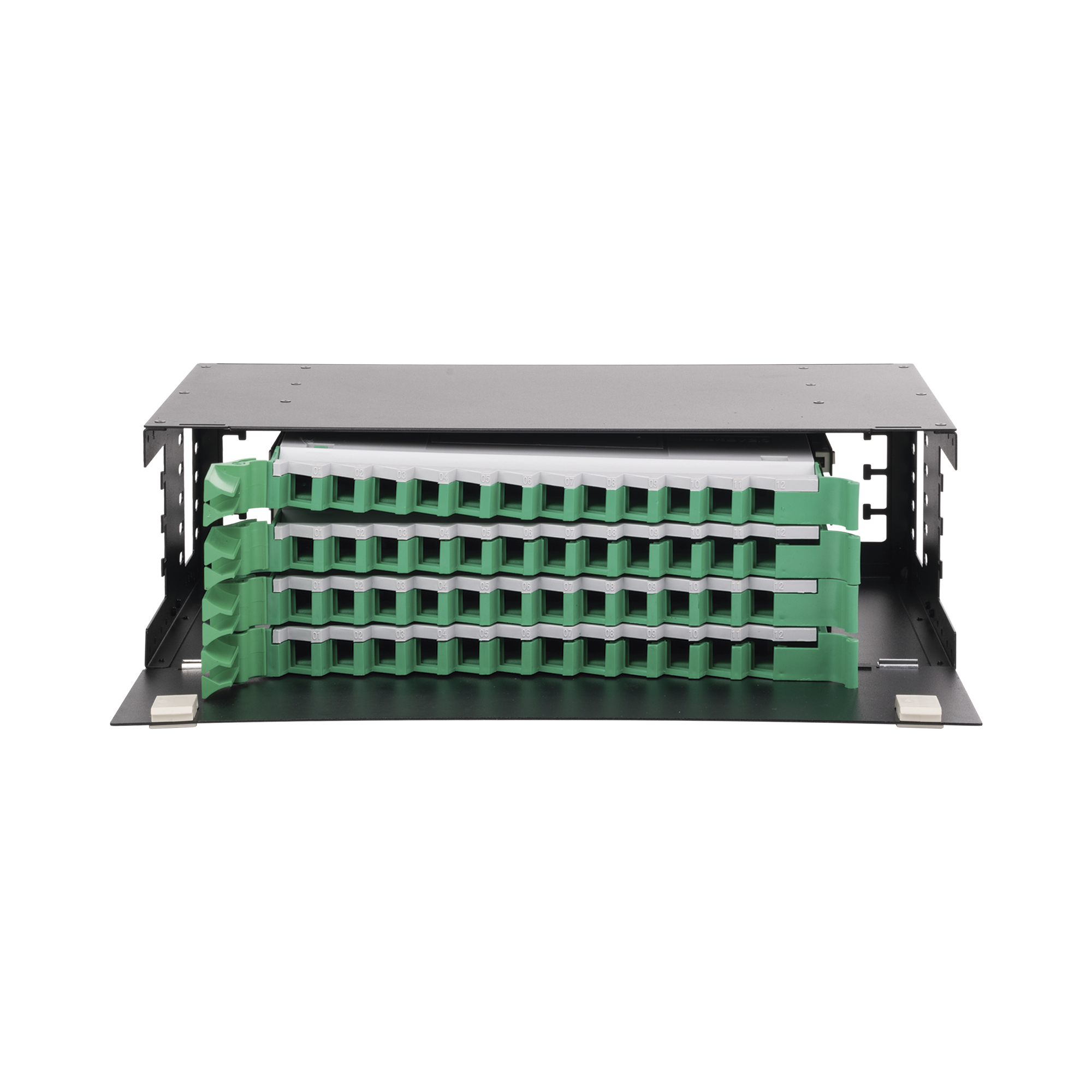 Distribuidor de Fibra Óptica con Bandejas Deslizables, Vacío, 19 Pulgadas (48.26 cm), Acepta 48 Adaptadores LC Duplex o LC Simplex o 48 SC Simplex, 3U