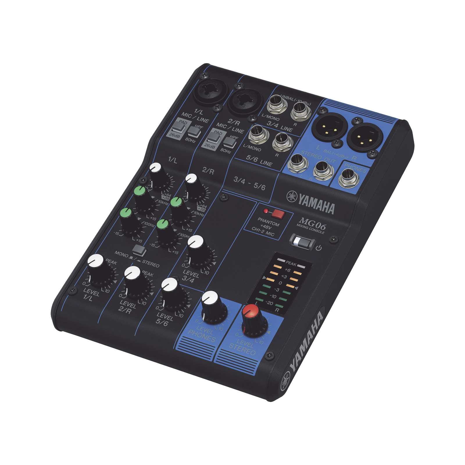 Mezcladora de Audio | 6 Canales | 2 entradas de micro/6 de línea (2 mono + 2 estéreo) | Alimentación Phantom