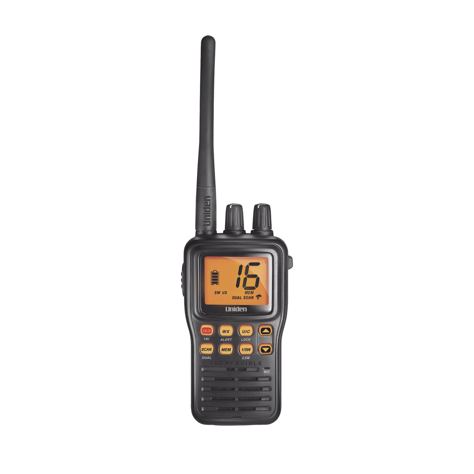 Radio Marino Portátil VHF, flotante y sumergible, Rx: 156.050-163.275MHz Tx: 156.025-157.425MHz, cumple con los canales marinos Internacionales, de EUA y Canadá