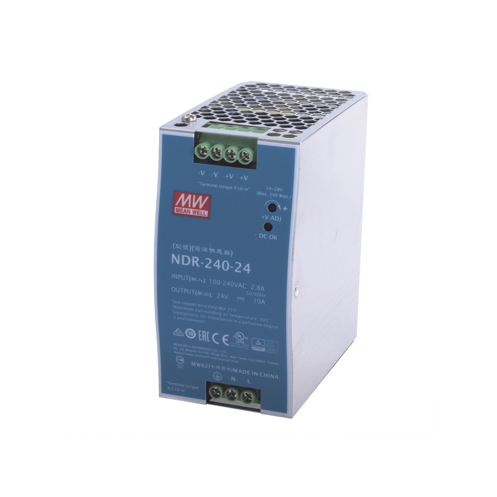 Fuente de poder industrial para riel DIN / 240W / 24Vcc / 10A / Entrada: 90-264Vca
