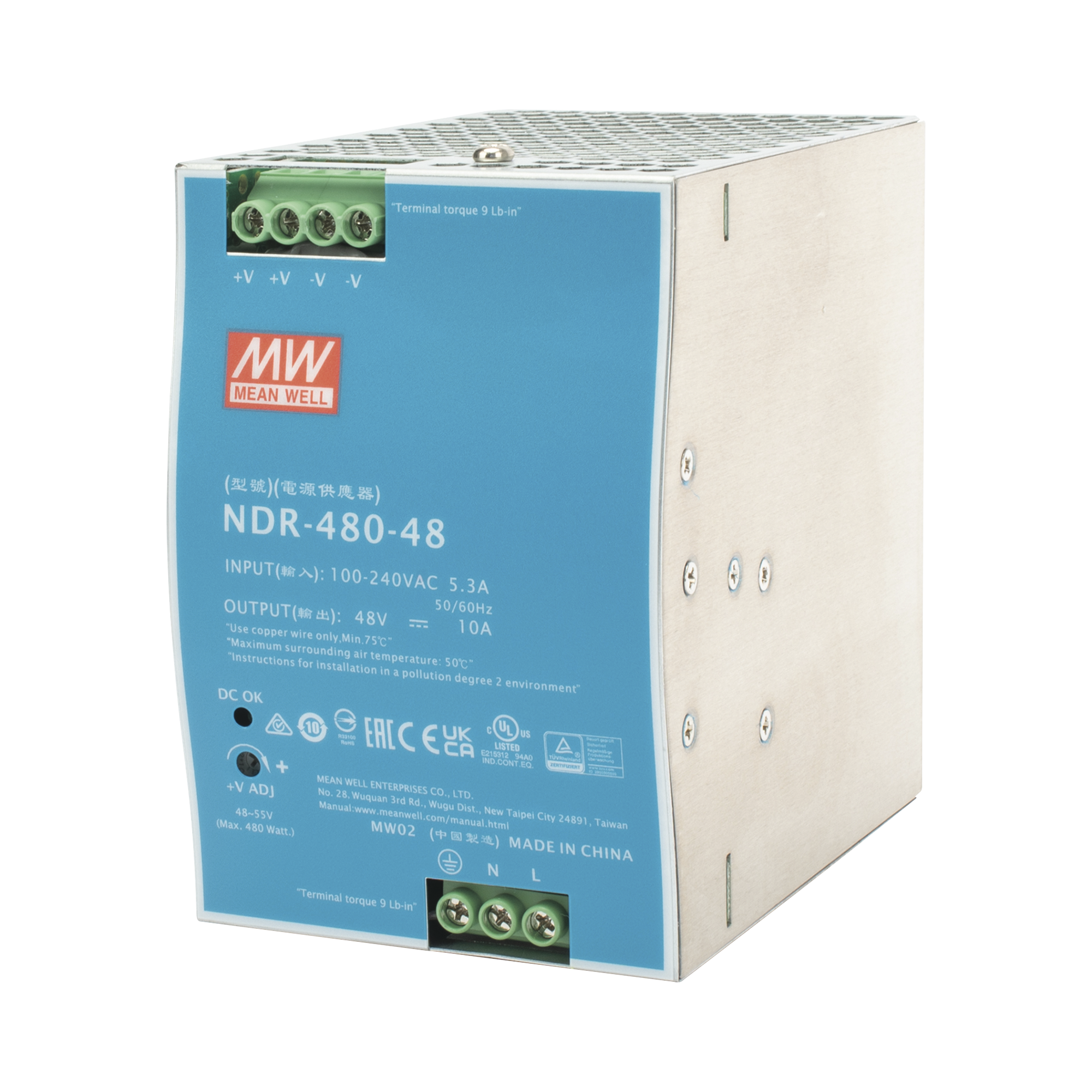 Fuente de Poder Industrial de 480W, salida 48 Vcc, para montaje en riel Din
