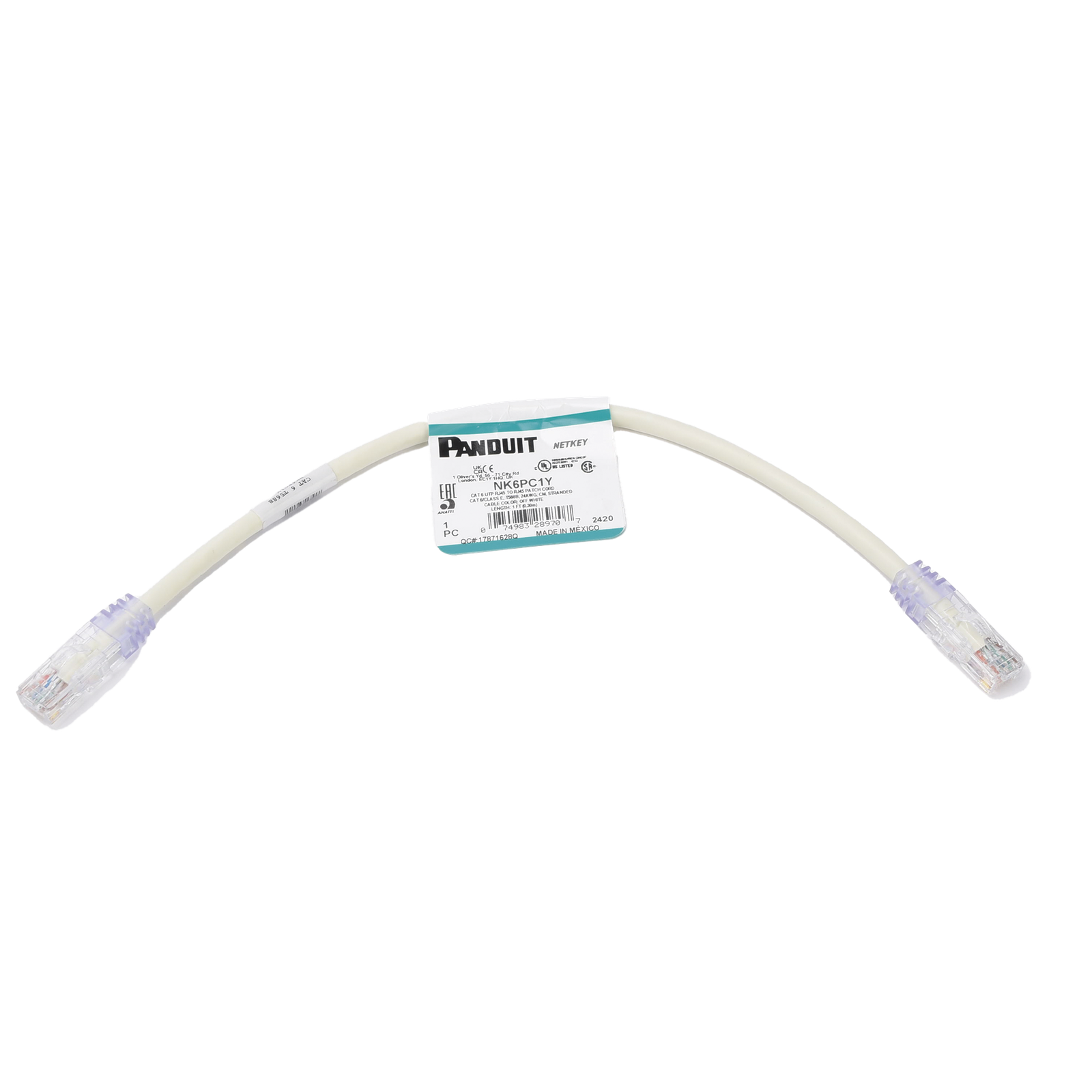 Cable de Parcheo UTP Categoría 6, con Plug Modular en Cada Extremo - 0.3 Metros (1 Pie) - Blanco
