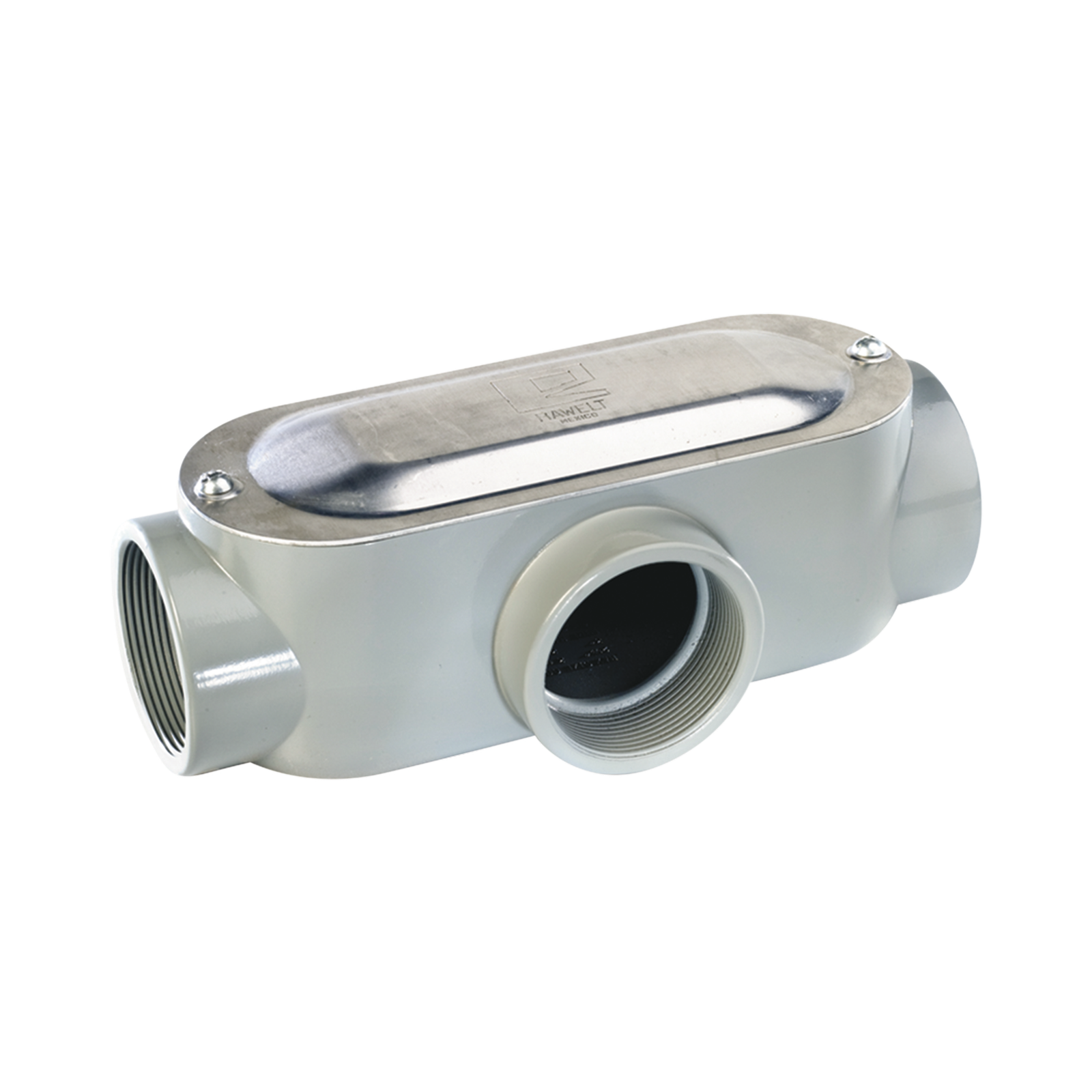 Caja oval roscada tipo T de 1 1/4" (31.8 mm) incluye tapa y tornillos.