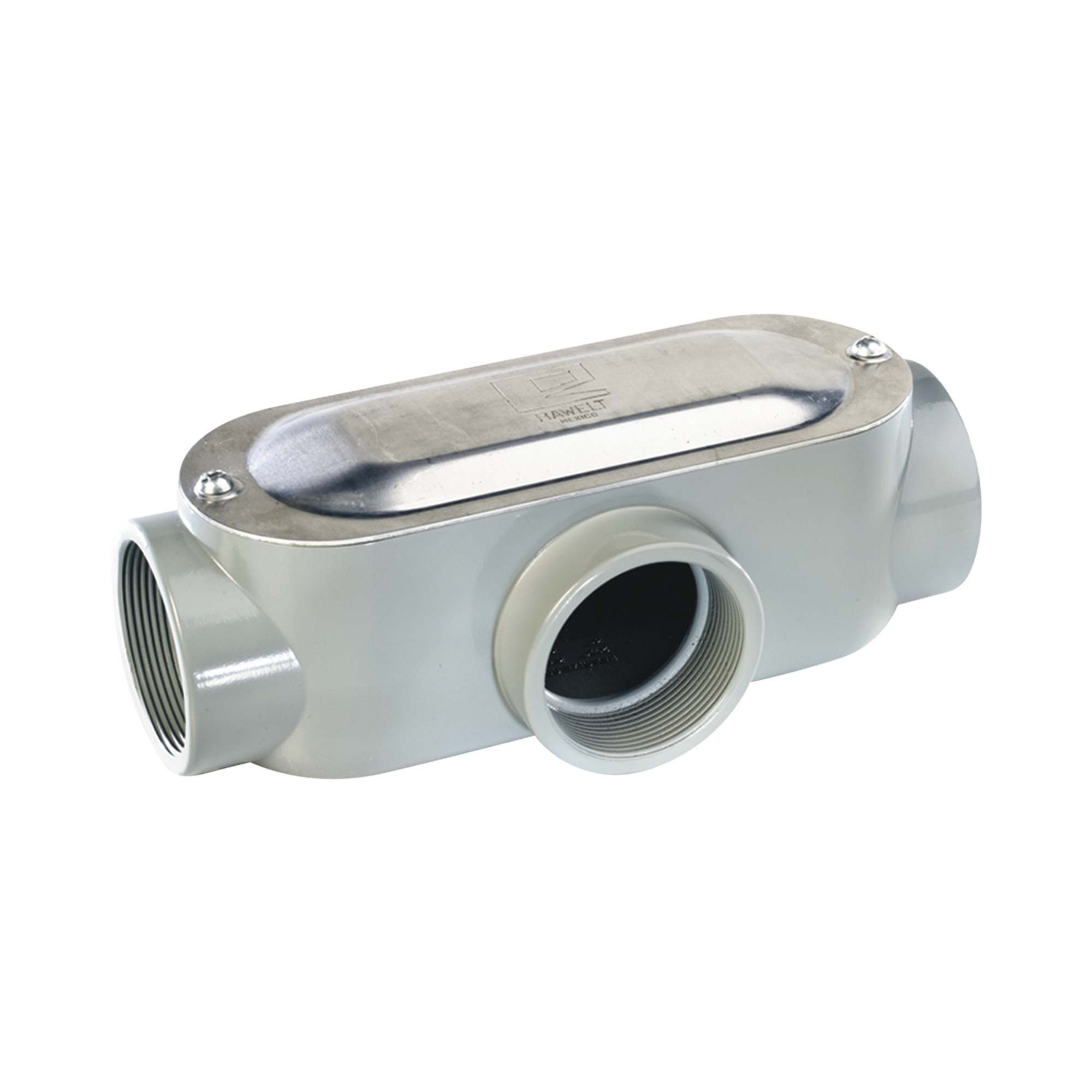 Caja oval roscada tipo T de 3" chica (76.2 mm) incluye tapa y tornillos.