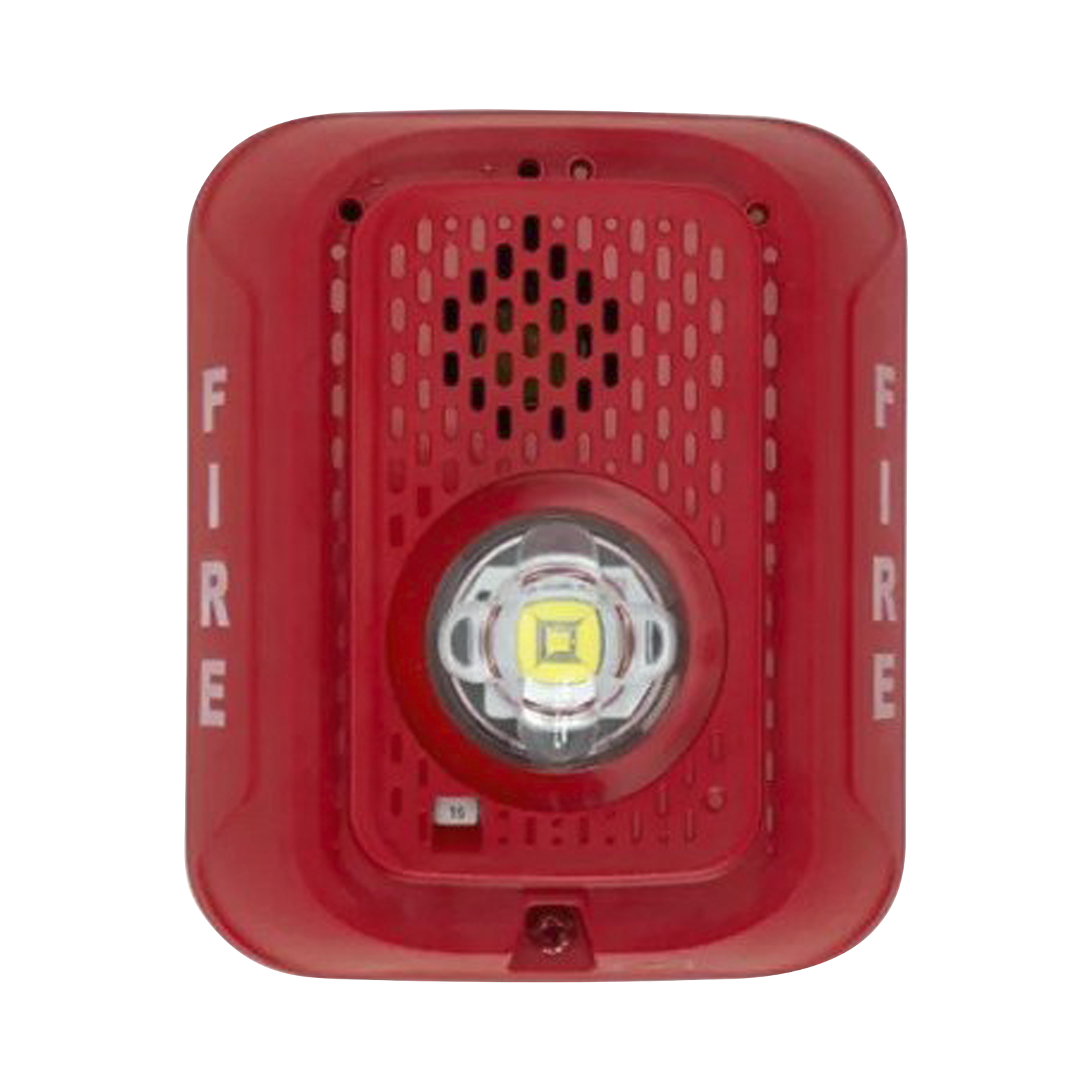 Sirena con Lámpara LED Estroboscópica / a 2 Hilos / Montaje en Pared / 24 Vcd / Configuración Estroboscópica Seleccionable / Texto en Inglés / Color Rojo