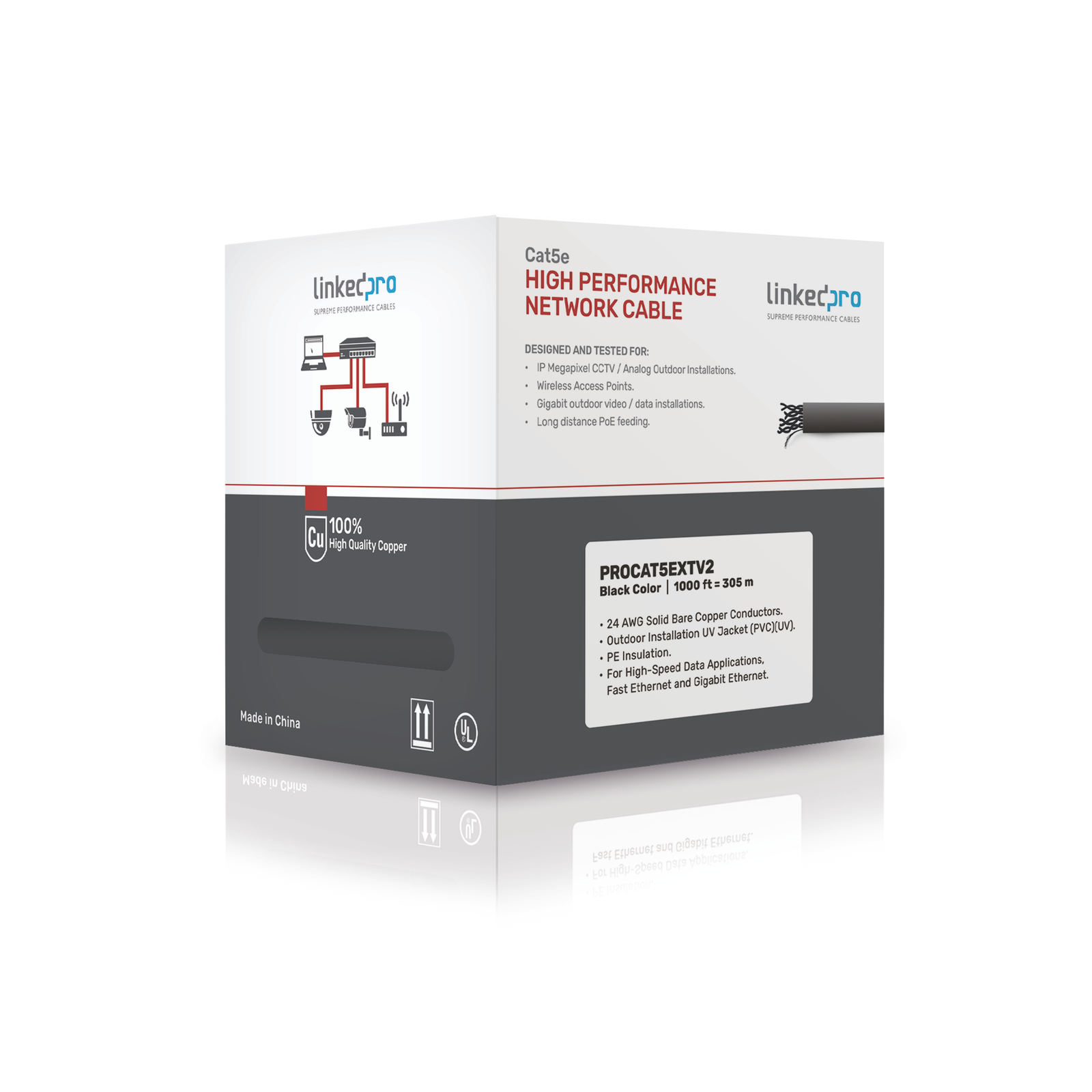 Bobina de cable de 305 m, Cat5e , FTP, blindado, para intemperie, color negro, UL, para aplicaciones en video vigilancia, redes de datos (Carrete Easy Pull)