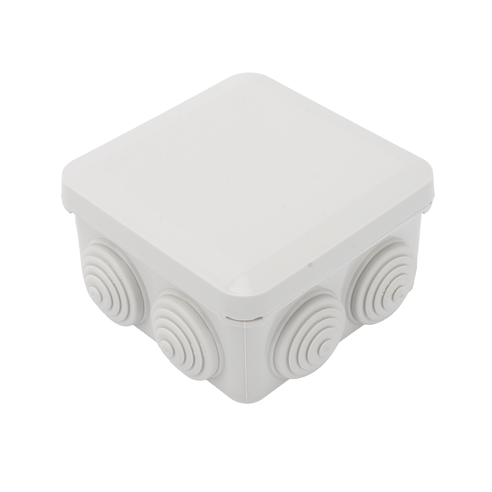 Caja Estanca, Derivación, Conexión de Plástico (89 X 89 X 50 mm) con 7 Glándulas de Goma. Para Instalaciones Comerciales, Residenciales e Industriales. Cerrado a Presión.