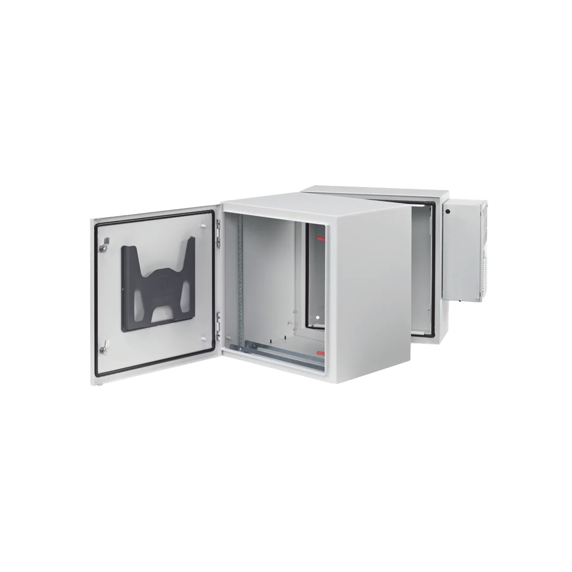 Gabinete Industrial ProTek de 12 UR Puerta Sólida de 612 x 600 x 789 mm Con Aire Acondicionado de 2000 BTU, Protección NEMA Tipo 4/12; IP66; IK10, Abatible, Fabricado en Acero, Color Gris Claro