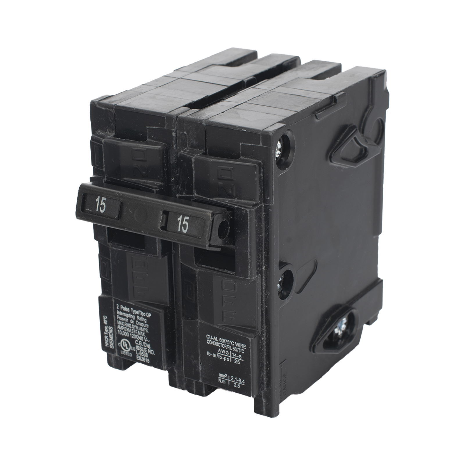Interruptor automático enchufable tipo QP 2 polos, 15 amp