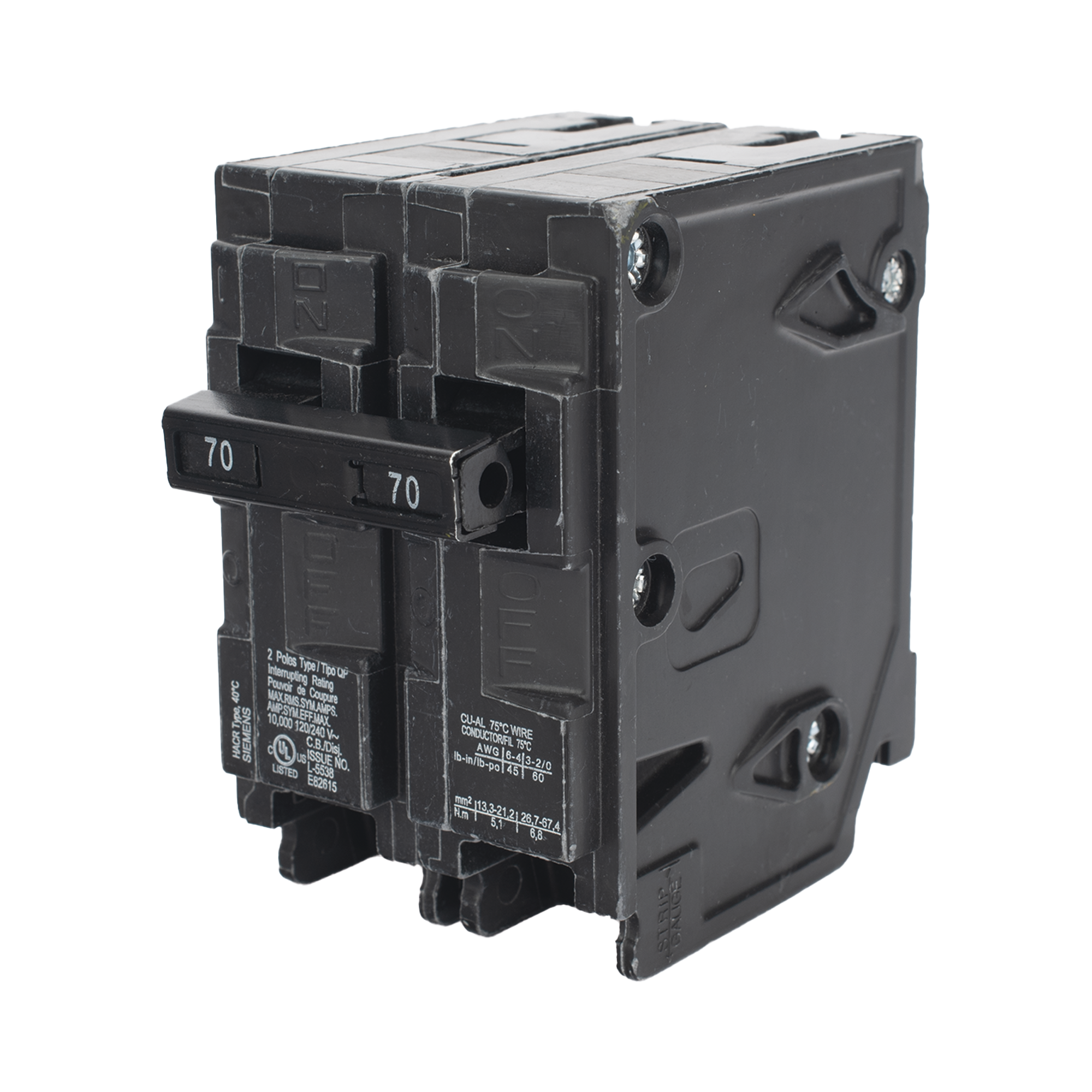 Interruptor automático enchufable tipo QP 2 polos, 70 amp