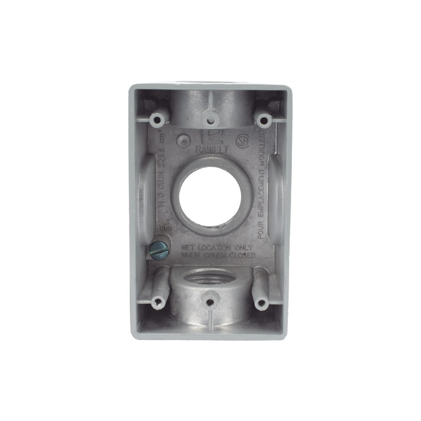 Caja Condulet FS de 1" (25.4 mm ) con tres bocas una arriba y una atrás a prueba de intemperie.
