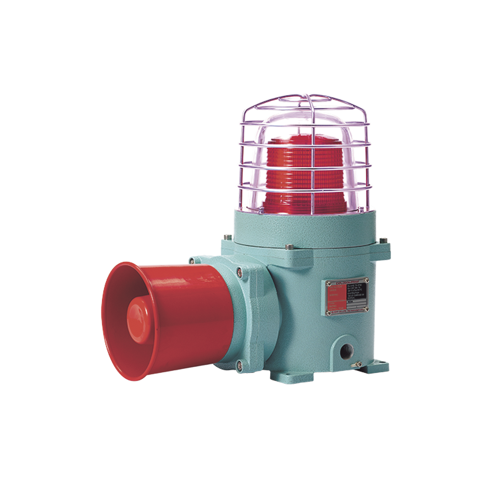 Combinación de baliza LED color Rojo con patrón fijo y flasheante con sirena electrónica, volumen máx. 120 dB para zonas peligrosas a 120 VCA
