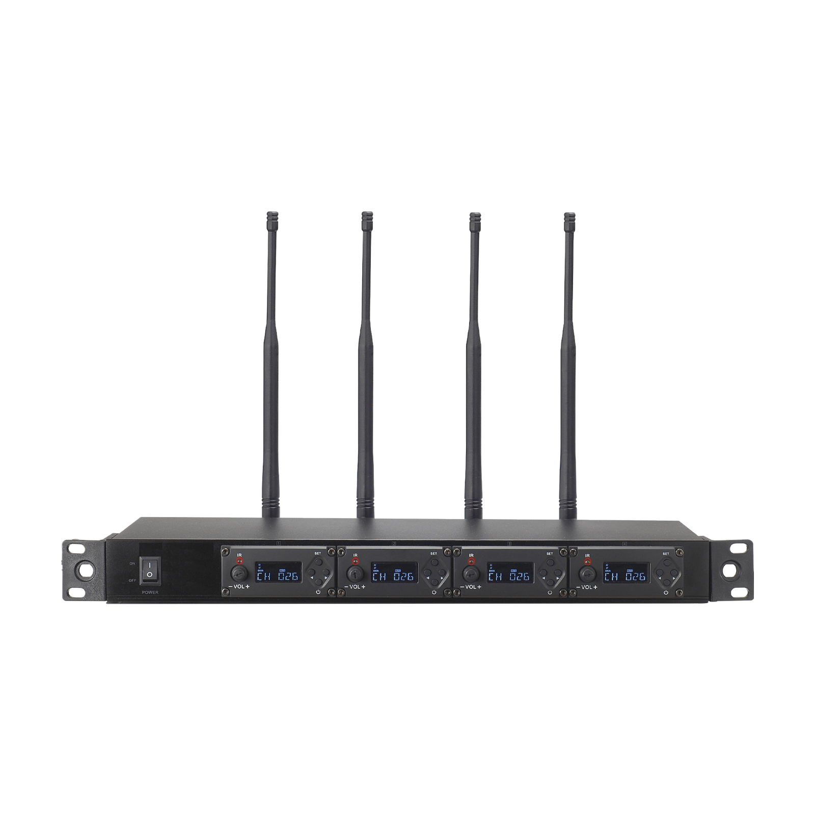 Receptor UHF para 4 micrófonos inalámbricos / Pantalla LCD de cristal liquido