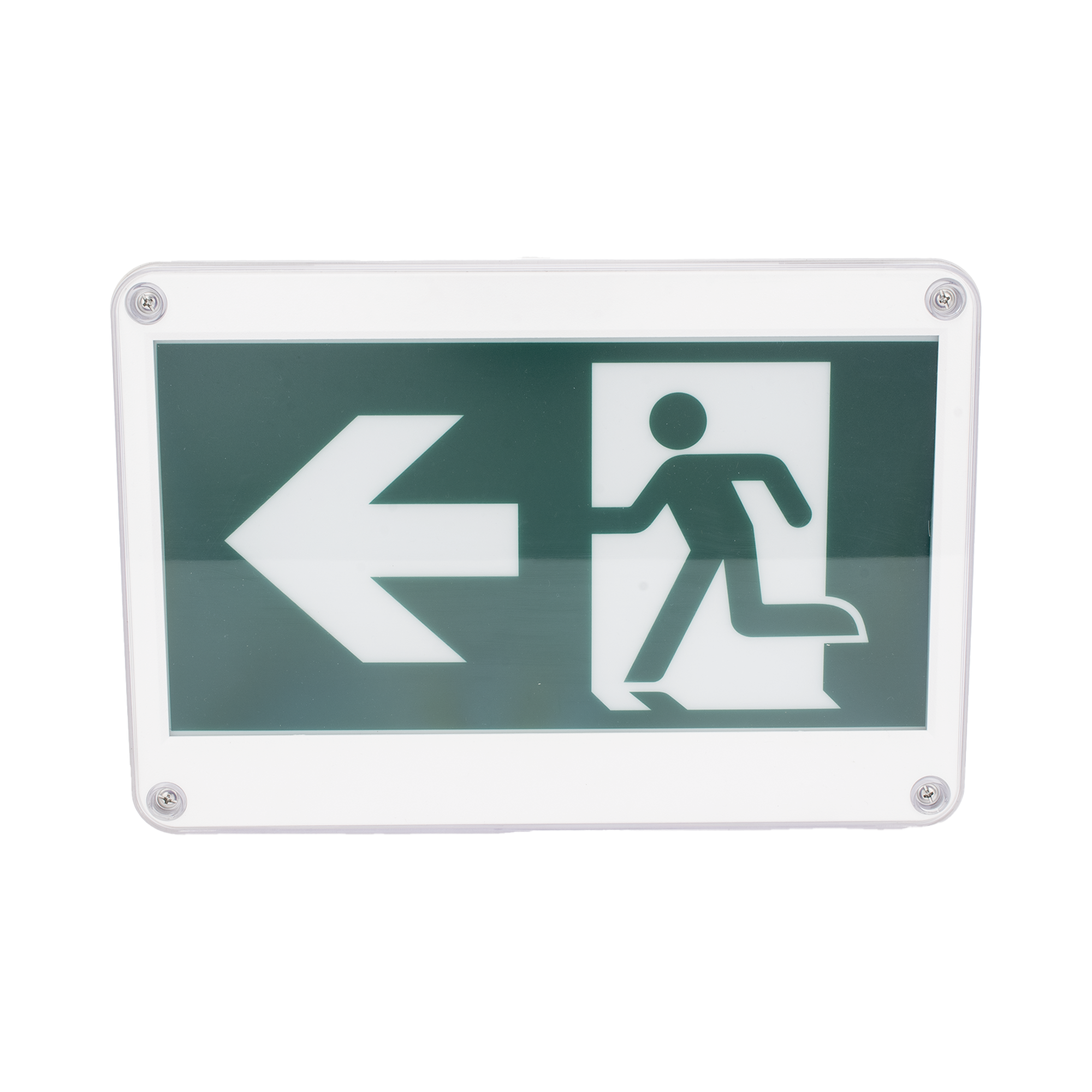 Letrero EXTERIOR de Señalización salida "Hombre Corriendo"/ Alto brillo / Uso en pared, lateral o techo / Batería de Respaldo Incluida con hasta 120 minutos de duración
