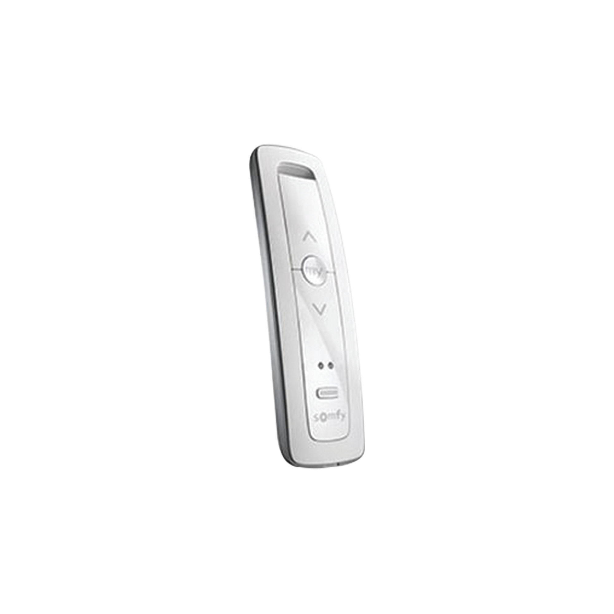 Control remoto 2 canales para motores de persiana Somfy con señal inalámbrica, instrucciones: sube, baja y detener, con posición favorita programada.