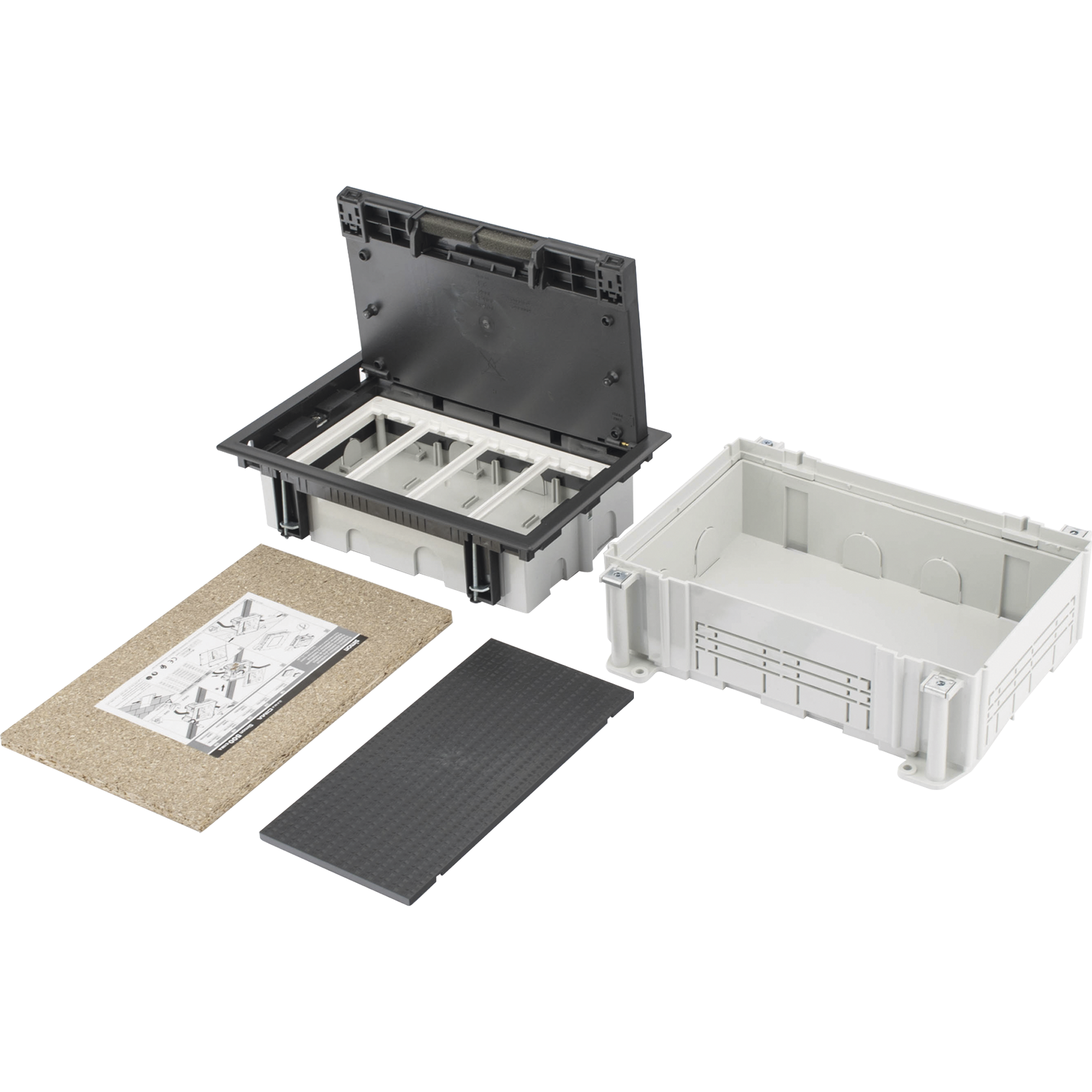 Caja Para Instalación en Pavimento para Voz, Datos o Contactos Eléctricos / Capacidad para 4 Módulos / Espacio Embellecedor en la Tapa / Profundidad Ajustable de 70 a 100 mm (2.76 a 3.94 pulgadas) / Los Módulos se Adquieren Aparte / Incluye Registro