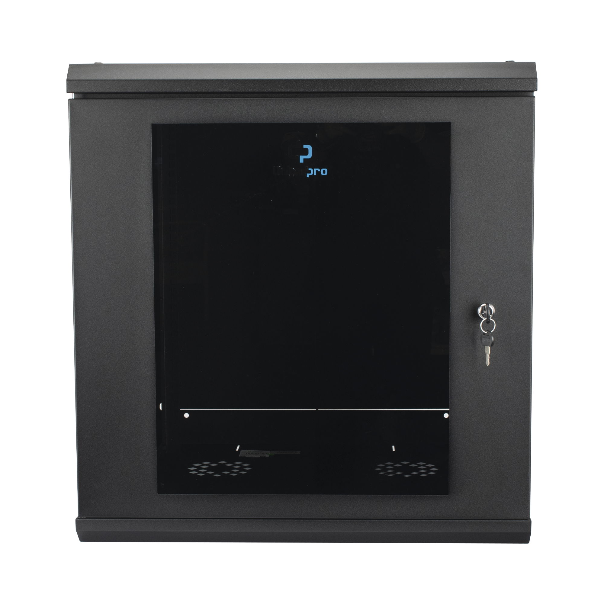 Gabinete Rack de Pared 12 Unidades / 19 Pulgadas / Ventilado / Puerta de Vidrio / Acero Calibre 18 / Carga 100 Kg / 635 x 606 x 612 mm (25 x 23.9 x 24.1 in) / Pintura Electrostática / Negro