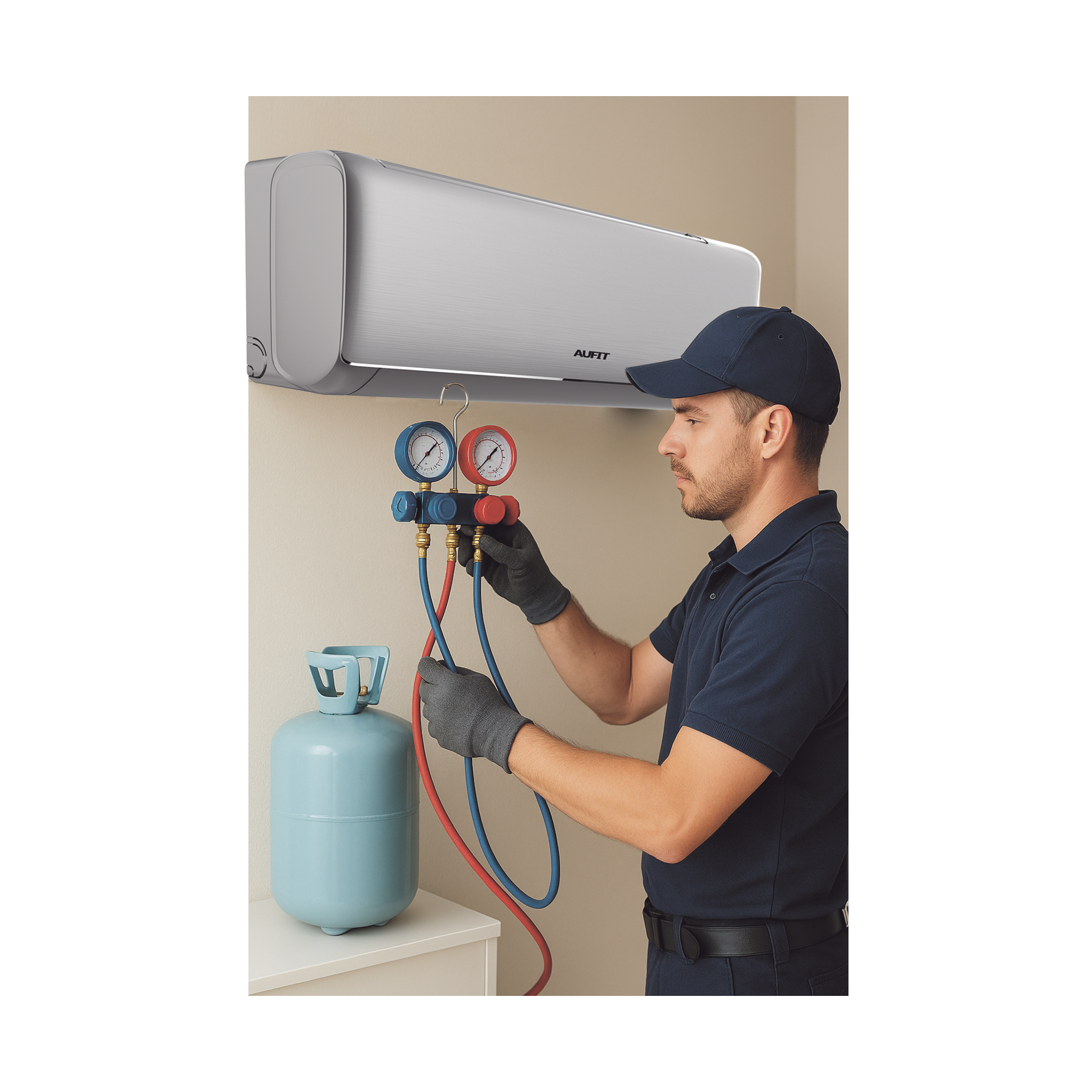 Servicio en Centro de laboratorio SYSCOM / Recarga de gas refrigerante / R32 / Minisplit AUFIT / Capacidad de 1 Tonelada