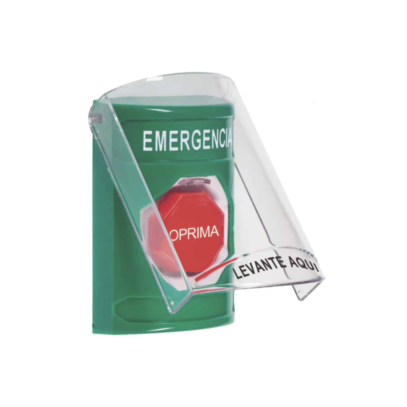 Botón Multipropósito, Color Verde, De Superficie, Con Tapa De Policarbonato, Con Bocina Pre Alarma, Solo Interior, Llave Para Restablecer, Texto De Emergencia, Español
