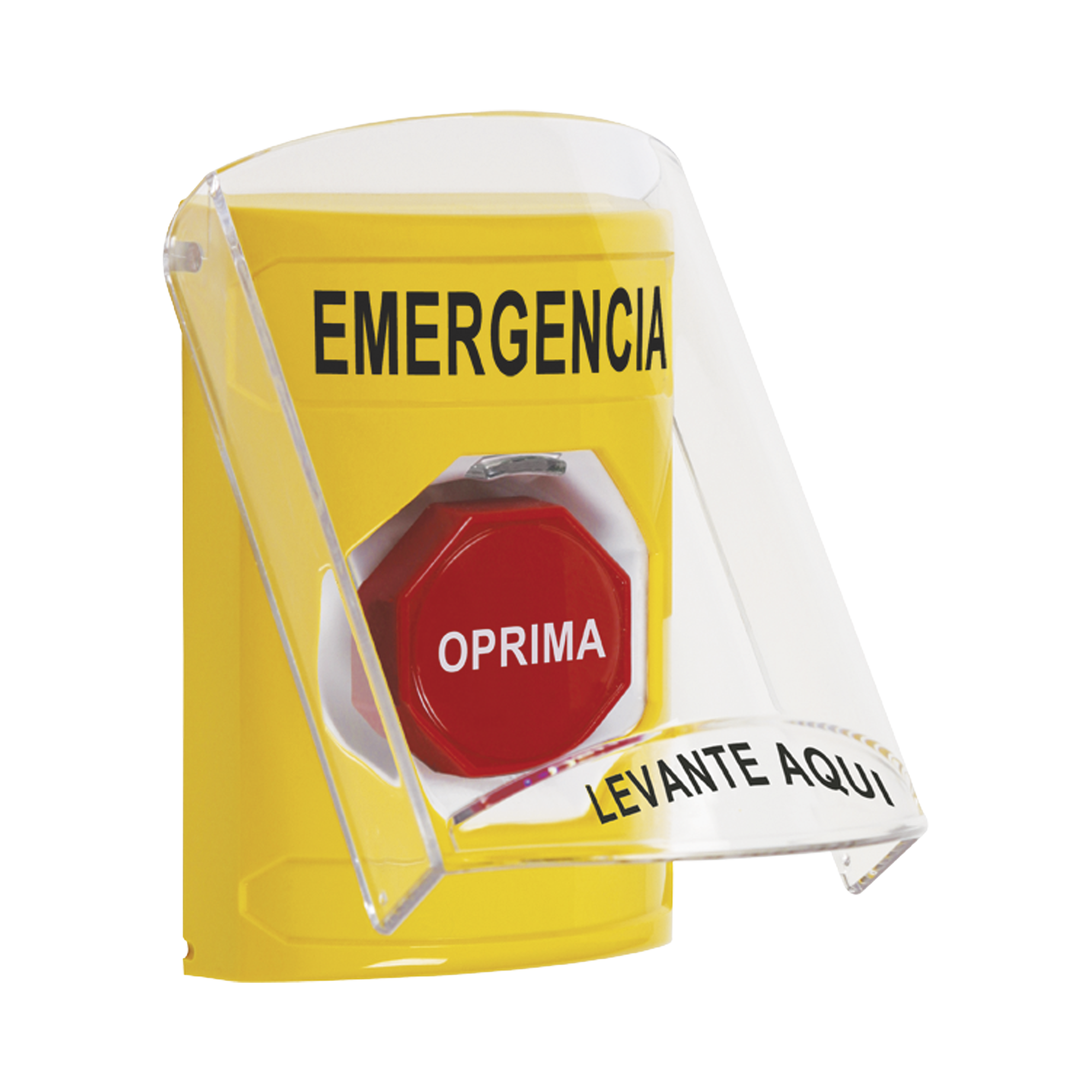 ​Botón Multipropósito, Color Amarillo, De Superficie, Con Tapa De Policarbonato, Con Bocina Pre Alarma, Solo Interior, Llave Para Restablecer, Texto De Emergencia, Español