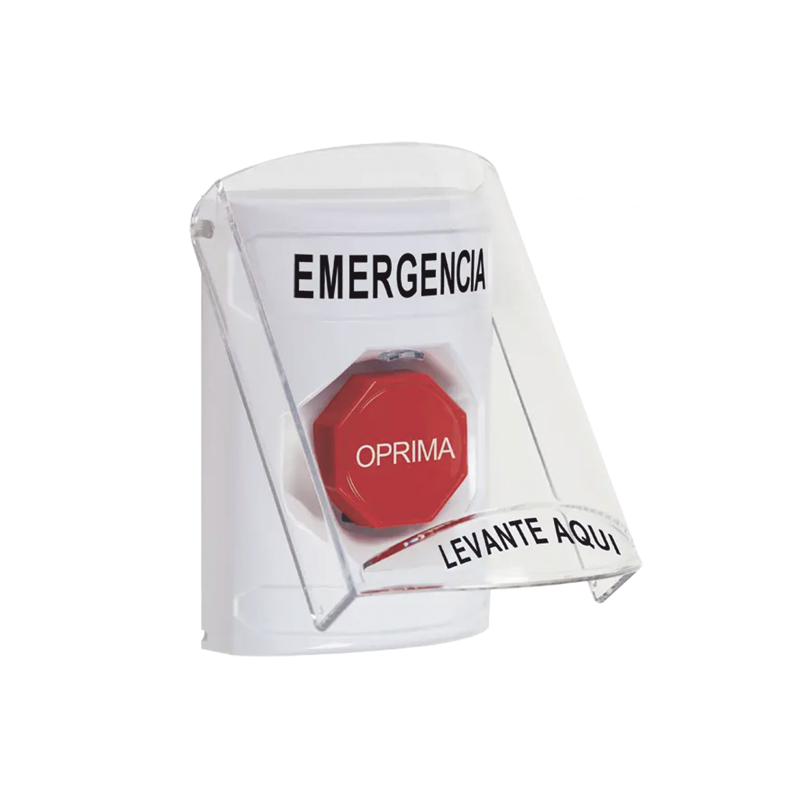 ​Botón Multipropósito, Color Blanco, De Superficie, Con Tapa De Policarbonato, Con Bocina Pre Alarma, Solo Interior, Llave Para Restablecer, Texto De Emergencia, Español