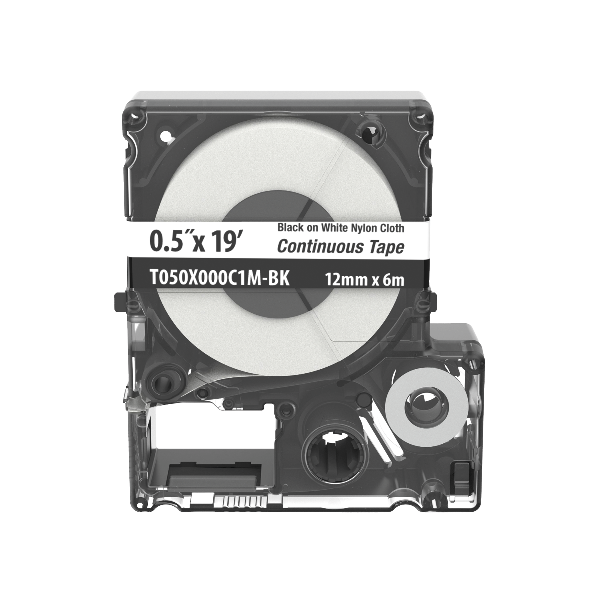 Casete de Etiquetas de Nylon de Cinta Continua, Color Negro Sobre Blanco, Uso Interior/Exterior, 12 (0.5 Pulgadas) mm de Ancho x 6 Metros (19.69 Pies) de Largo