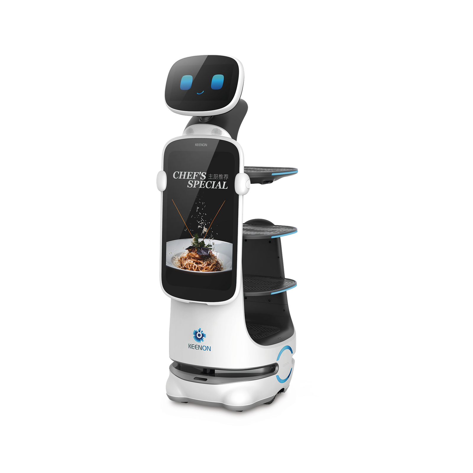 Robot de Servicio Dinerbot T10 / Entregas y Publicidad Multimodal / Autonomía 8 Horas / Carga 40 kg (88 lbs) / Pantalla Táctil 11.6" / Evasión Obstáculos 300° / Velocidad 1 m/s (3.28 ft/s)