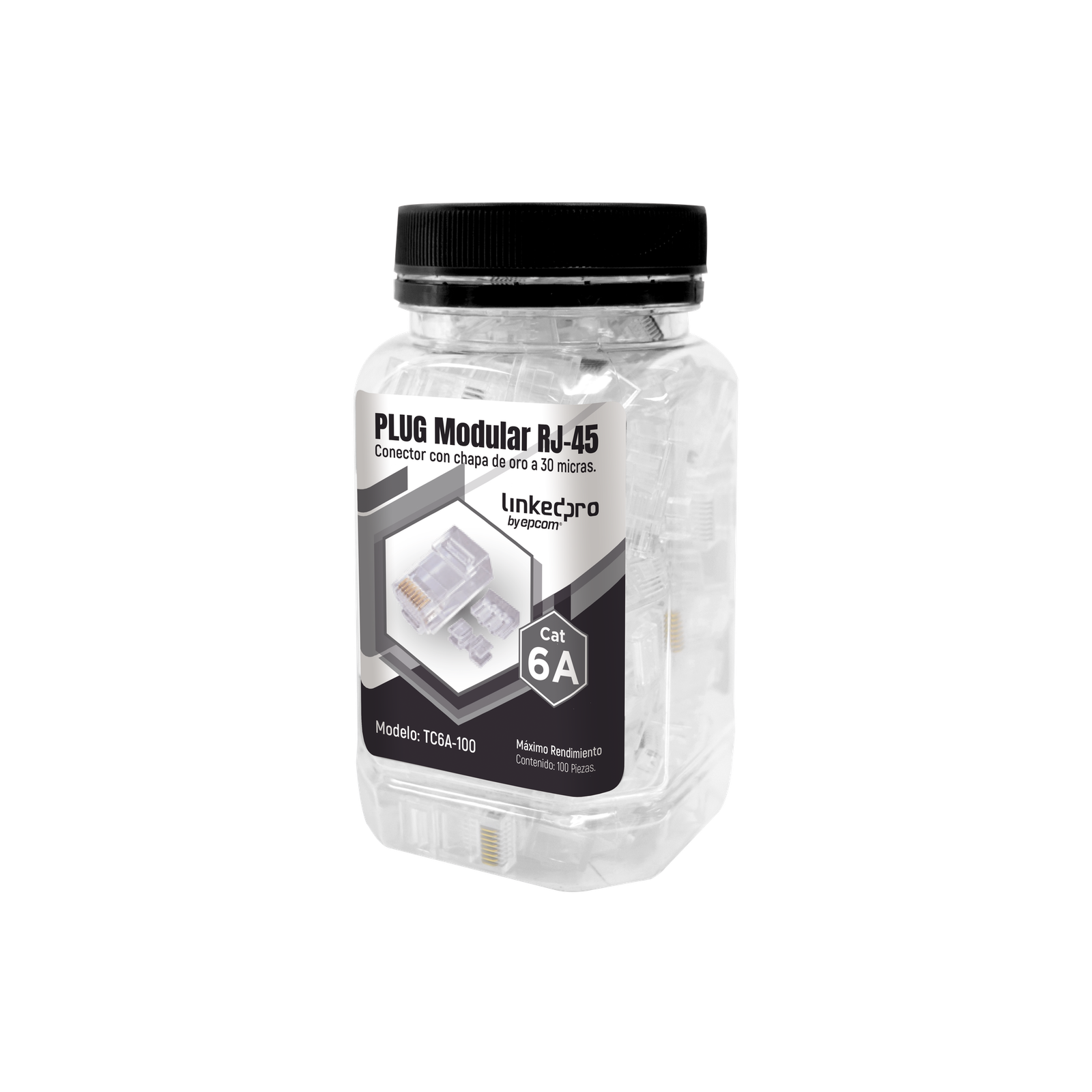 Bote con 100 Piezas de Plug Modular RJ45 Cat6A Chapado de Oro a 30 Micras para Durabilidad Extrema