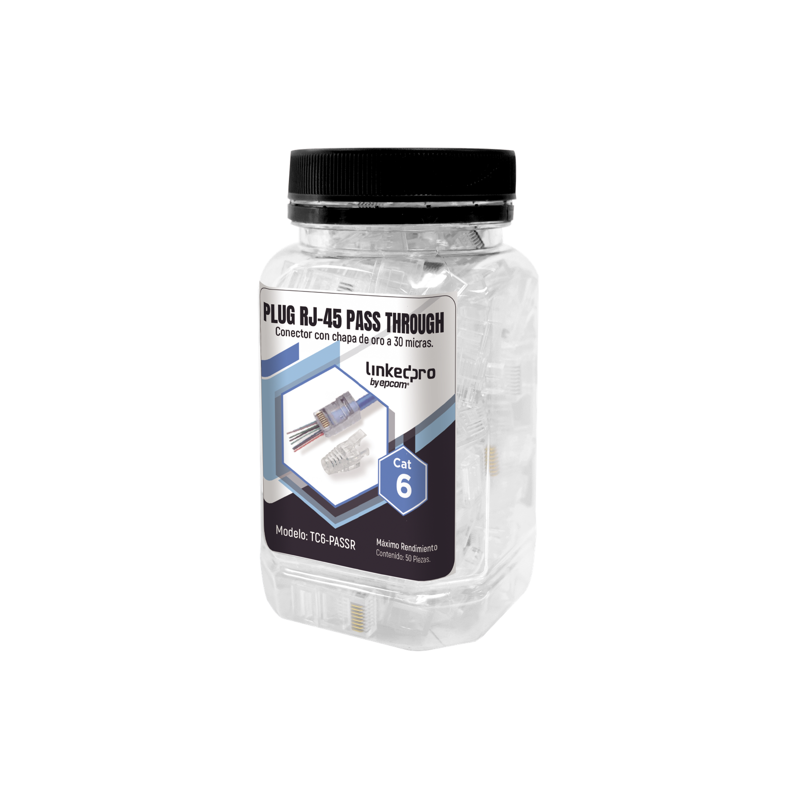 Bote con 50 Plugs Pass Through RJ45 Cat6 sin Blindaje, con Alivio de Tensión Incluido, Chapado de Oro a 30 Micras para Durabilidad Extrema