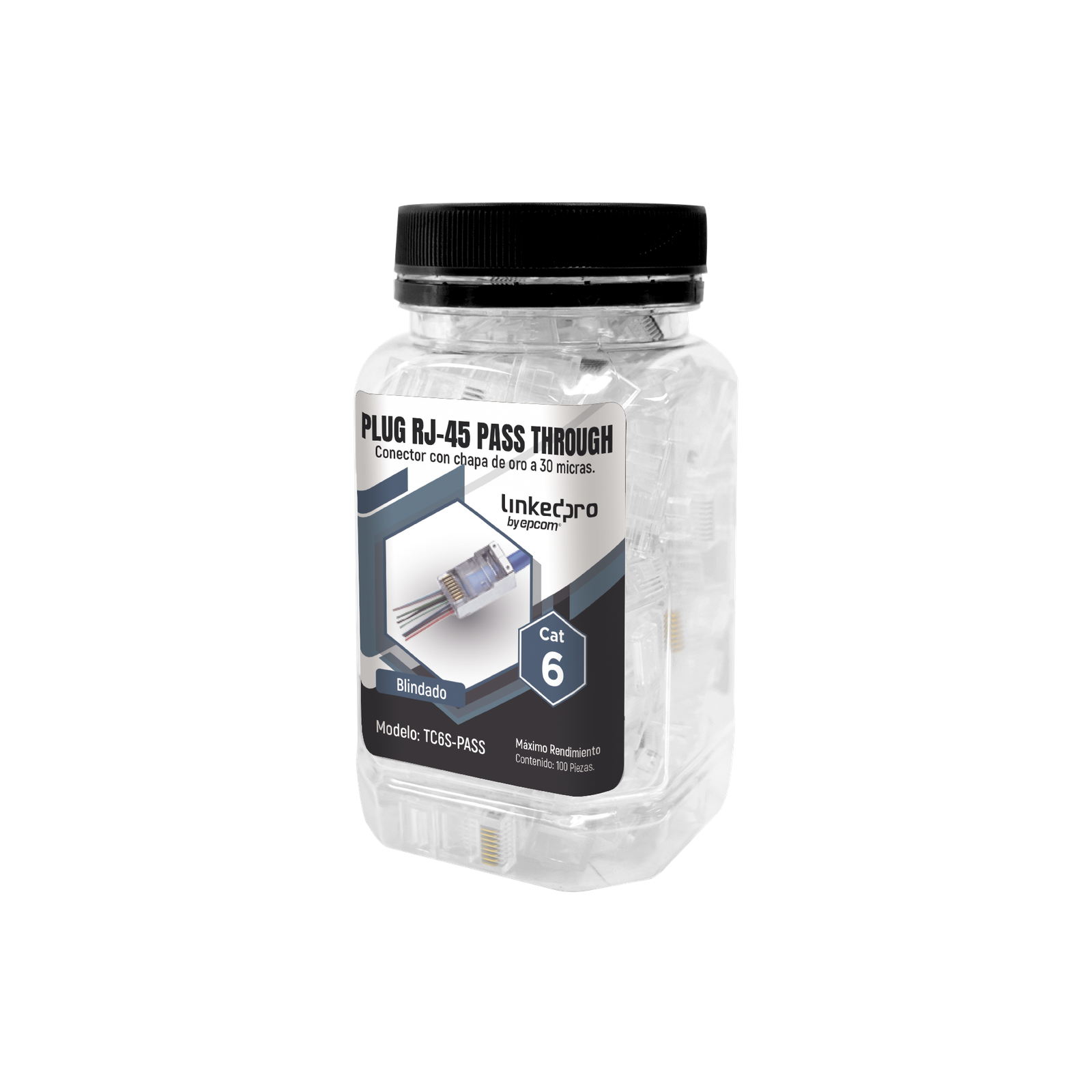 Bote con 100 Plugs Pass Through RJ45 Cat6 Blindado Chapado de Oro a 30 Micras para Durabilidad Extrema