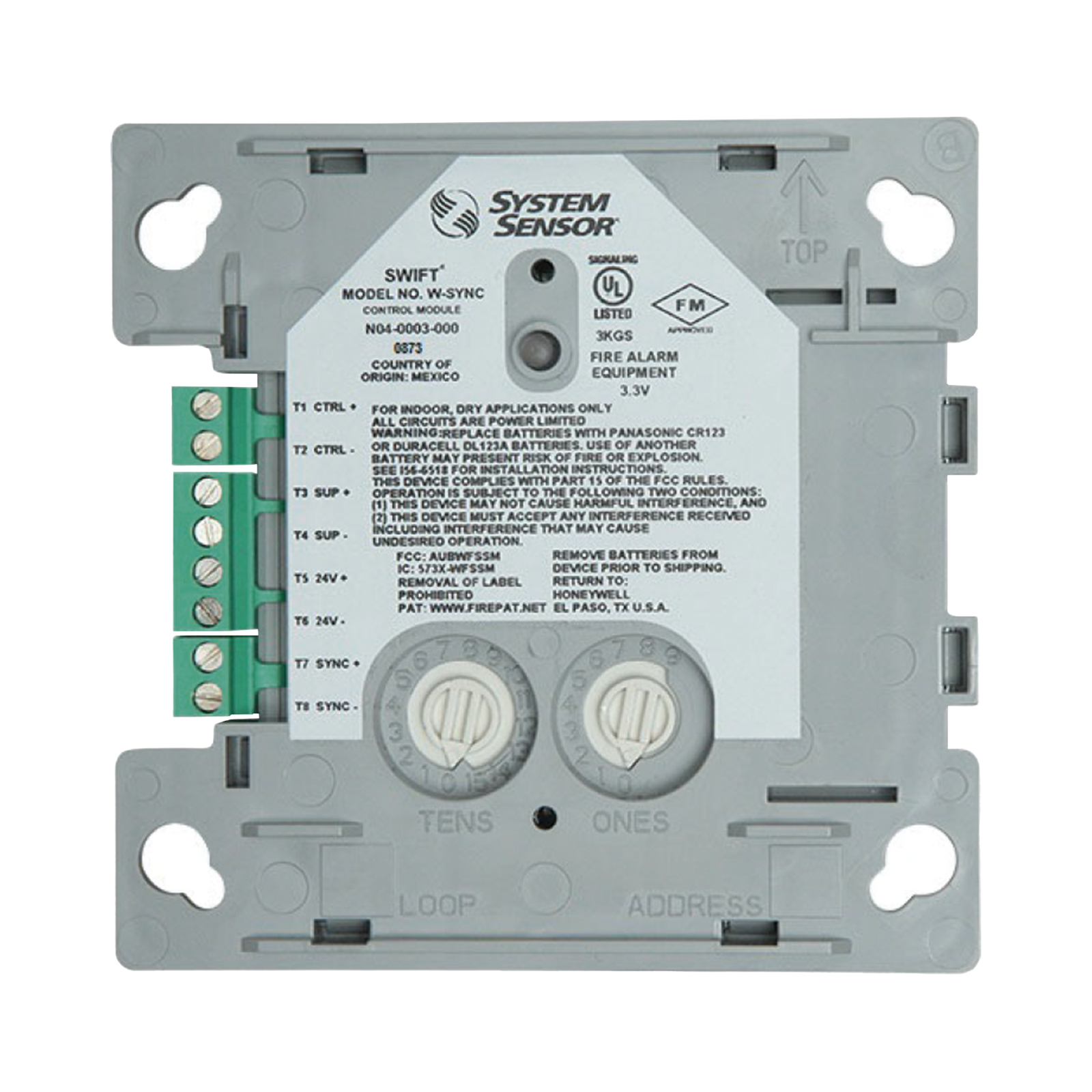 Módulo de Sincronización Inalámbrico / Compatible con Paneles Notifier, Fire-Lite, Silent Knight y Farenhyt / Incluye Baterías