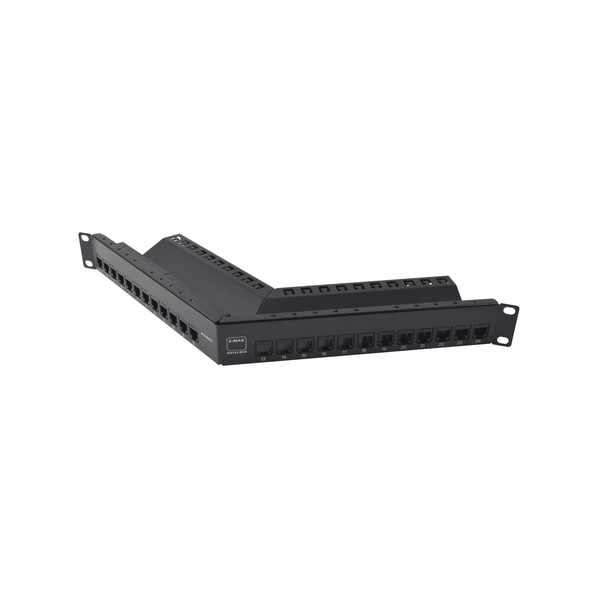 Patch Panel Z-MAX de 24 Puertos, Blindado, Precargado con Jacks Categoría 6A, Angulado, 1UR