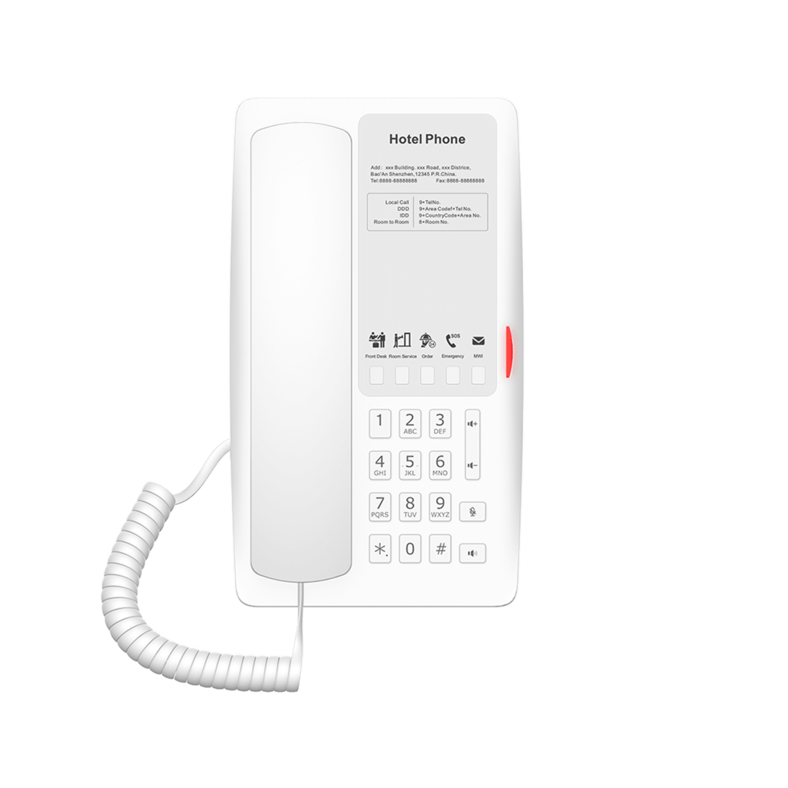 Teléfono IP Hotelero / 2 Líneas SIP / 5 Teclas Programables / Puerto USB-A de Carga / PoE 802.3af / Diseño Blanco / Audio HD Manos Libres