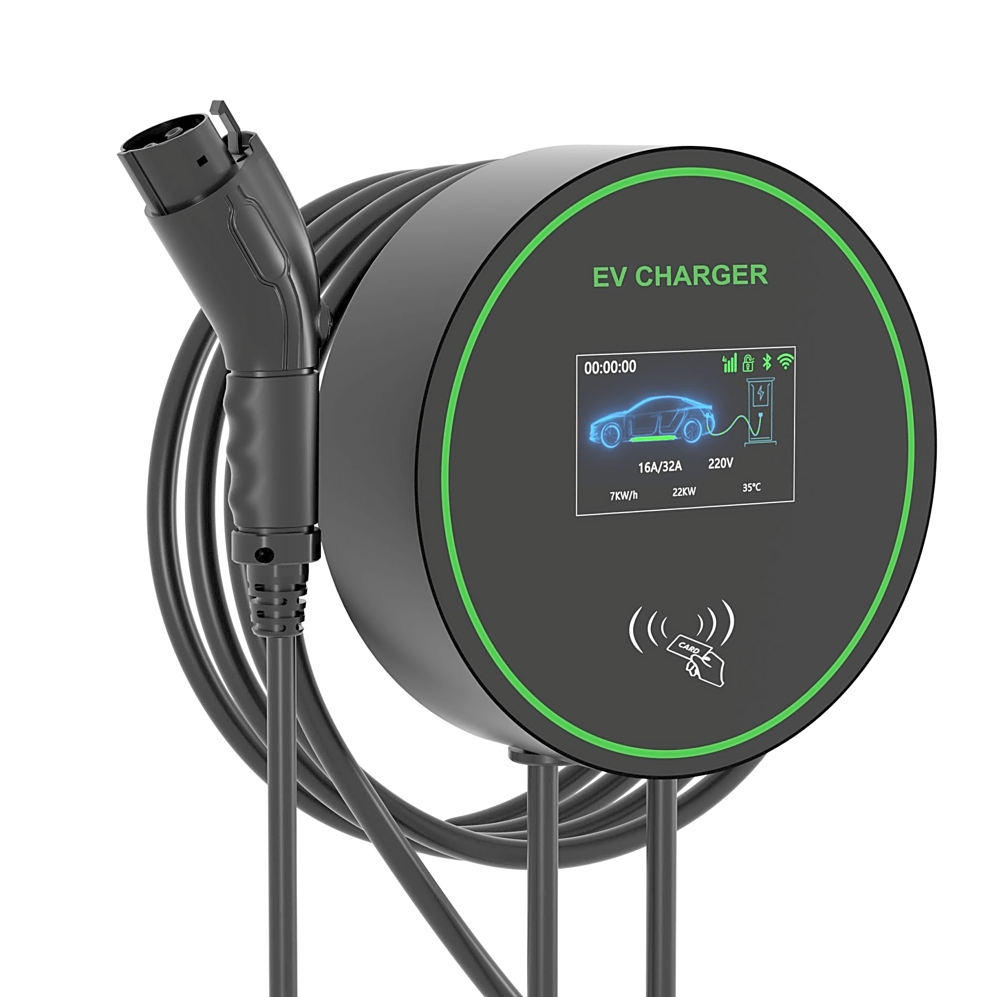 Estación de Carga para Vehículos Eléctricos / 48 A / 11.5 kW / Conector Tipo 1 (SAE J1772) / 220-250 V Monofásico / Pantalla LCD 4.3 in (10.9 cm) / Cable TPU 5 m (16.4 ft) / Plug and Play / APP Móvil / RFID / Carcasa Aluminio y UL94-V0