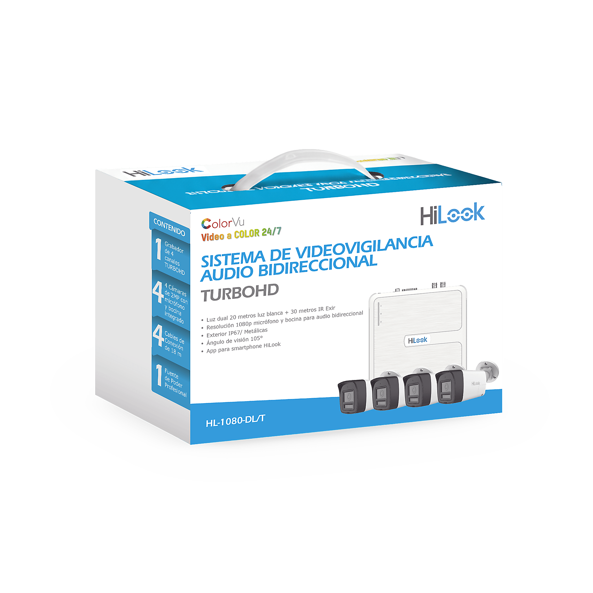 Kit TurboHD 1080p / DVR 4 canales / 4 Cámaras Bala de Metal / Audio Bidireccional / Dual Light (IR + Luz Blanca) / H.265+ / 1 Fuente de Poder Profesional / Accesorios de Instalación