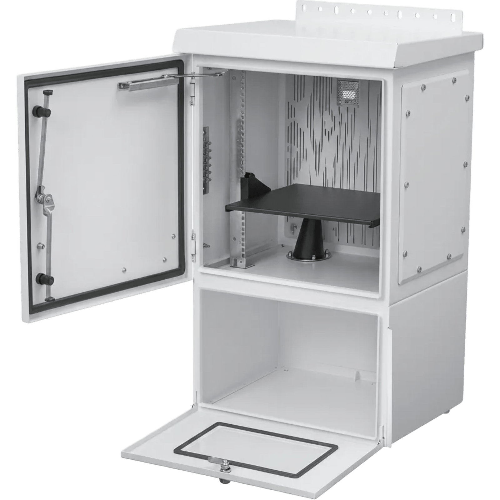 Gabinete Para Exterior OSP ComLine de 25 UR con espacio para Baterías, 700 mm de Ancho, 600 mm de Profundidad De Aluminio, Color Gris Claro Con Protección NEMA 4/12/4X/3/3R; IP66