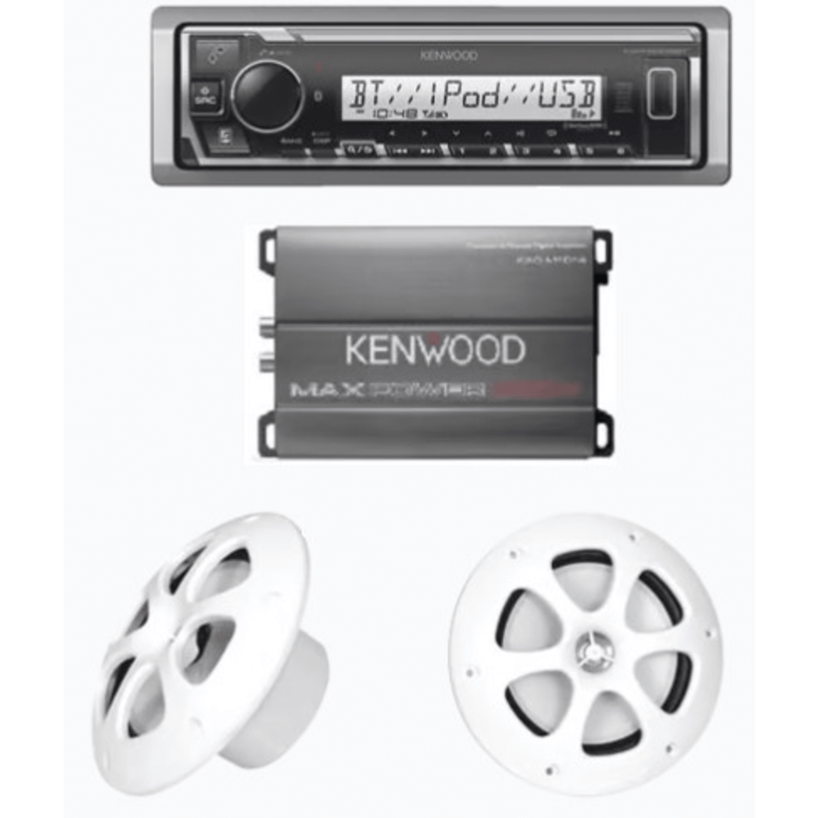 Kit de estereo con Bluetooth KMR-M332BT | Amplificador KAC-M1814 | mas Par de bocinas KFC-1613MRW