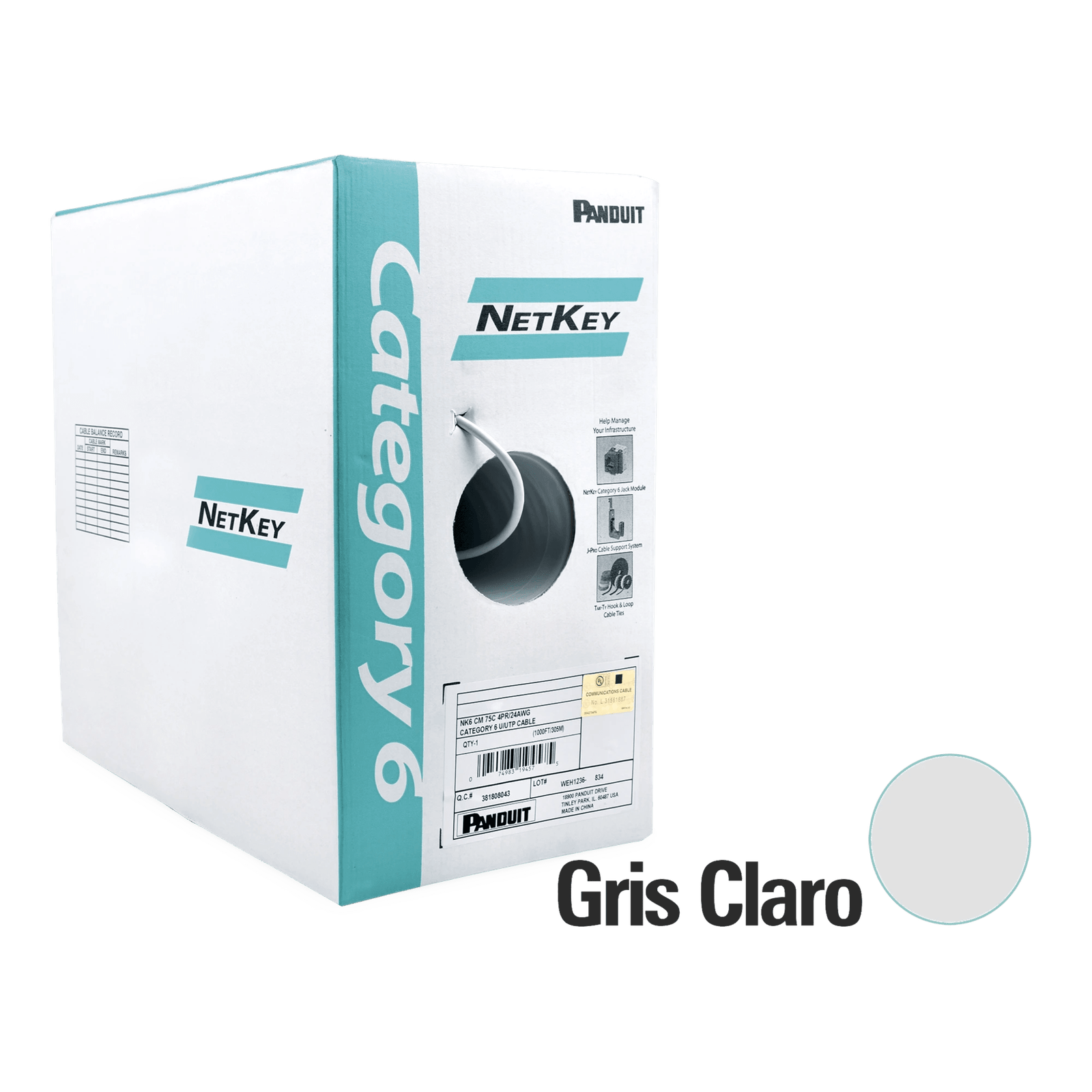Bobina de Cable UTP 305 Metros (1000 Pies) de Cobre, NetKey, Gris Claro, Categoría 5e (24 AWG), PVC (CM), de 4 Pares