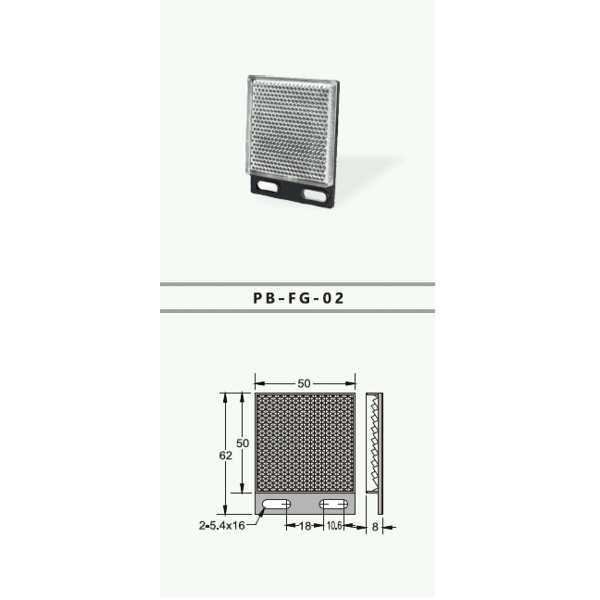Reflector Industrial para Sensores Fotoeléctricos / Modelo PB-FG-02 / Dimensiones 50×62 mm / Accesorio Especializado