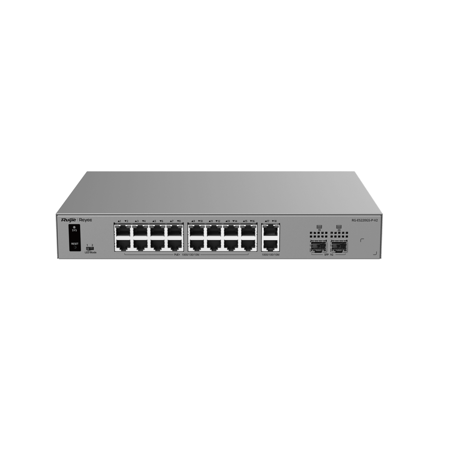 Switch Smart Cloud Managed PoE+ Capa 2 / 20 Puertos Gigabit / 16 Puertos PoE+ 250 W / 2 SFP 1G / Switching 40 Gbps / Forwarding 29.76 Mpps / ProtecciÃ³n 6 kV / GestiÃ³n Cloud Ruijie / Metal / Rack