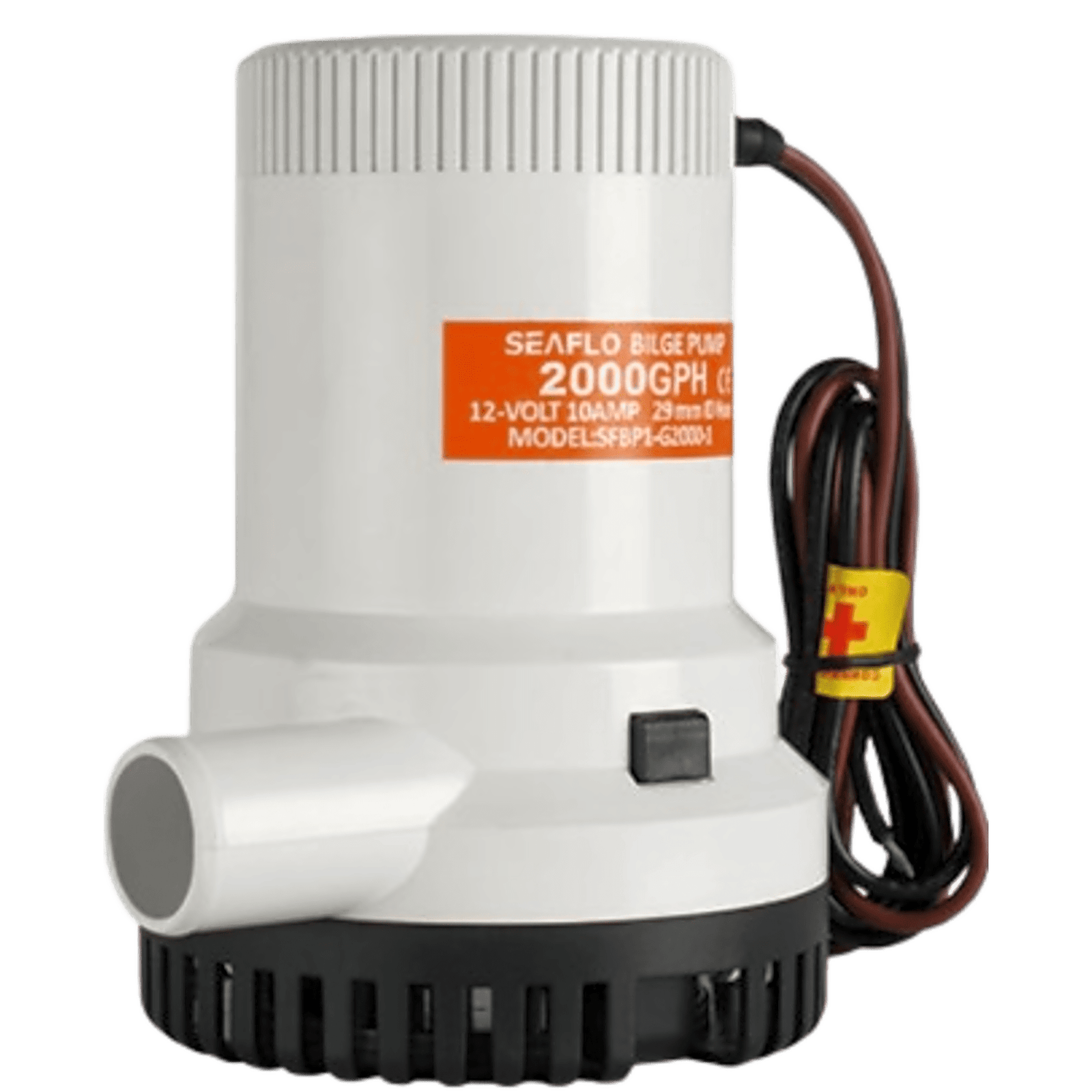 Bomba de Achique Sumergible SEAFLO SFBP1-G2000-01 / 2,000 GPH (7,571 LPH) / 12V CD / Eje de Acero Inoxidable / Operación en Seco / Protección Anti-Aire / Sellos Herméticos / Cableado Marino / CE, RoHS, ISO 8849