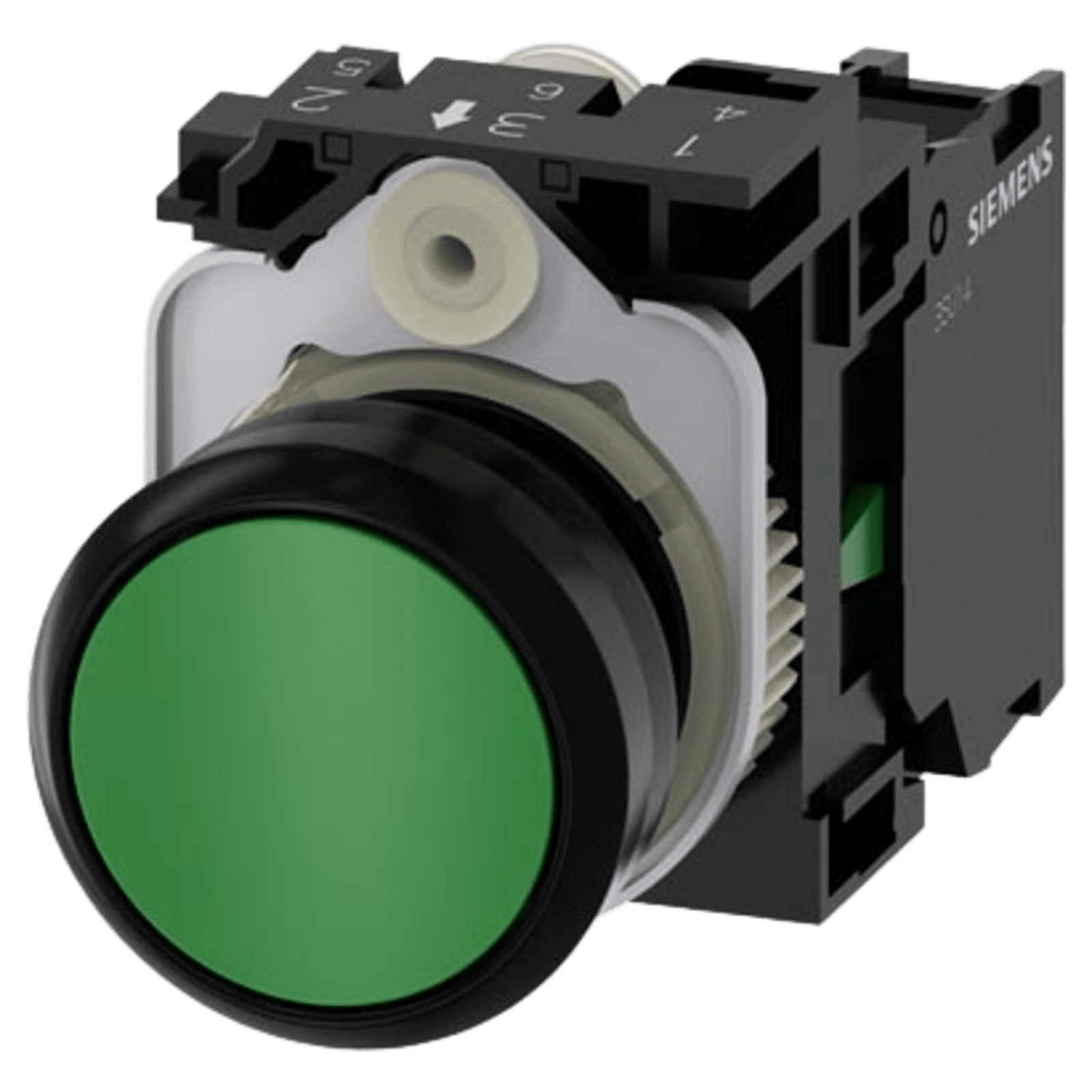 Botón 3SU11000AB401BA0 Sirius 22mm, Color Verde, Incluye soporte y contacto Normalmente Abierto.