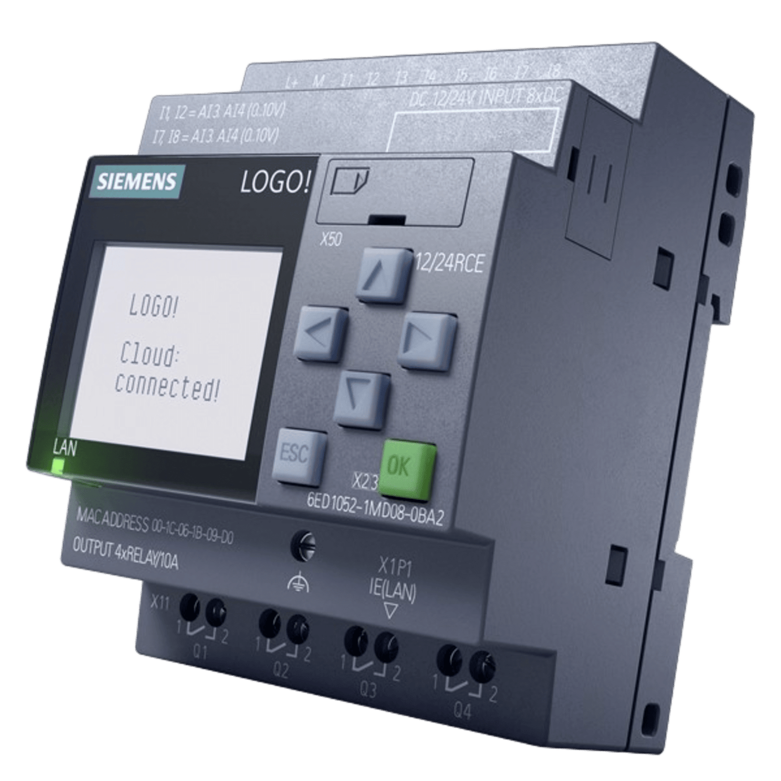 Módulo Lógico LOGO! / 12-24V DC / 8 DI (4 AI) / 4 DO Relay / Ethernet Integrado / Servidor Web / Data Log / 400 Bloques Memoria / Expandible Modularmente / Cloud MQTT / Display Integrado