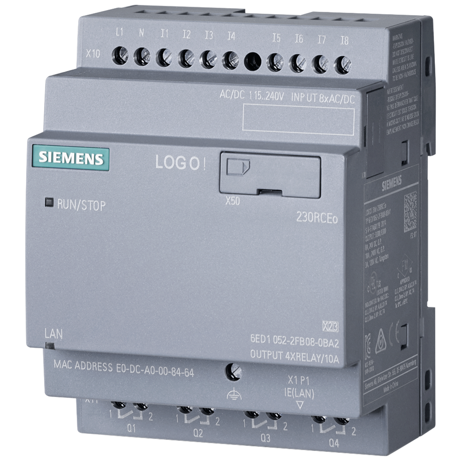 Módulo Lógico Programable LOGO! 230RCEo / 115-230 V AC/DC / 8 DI / 4 DO Relé / Ethernet / Servidor Web / Memoria 400 Bloques / Ampliación Modular / Certificaciones UL FM
