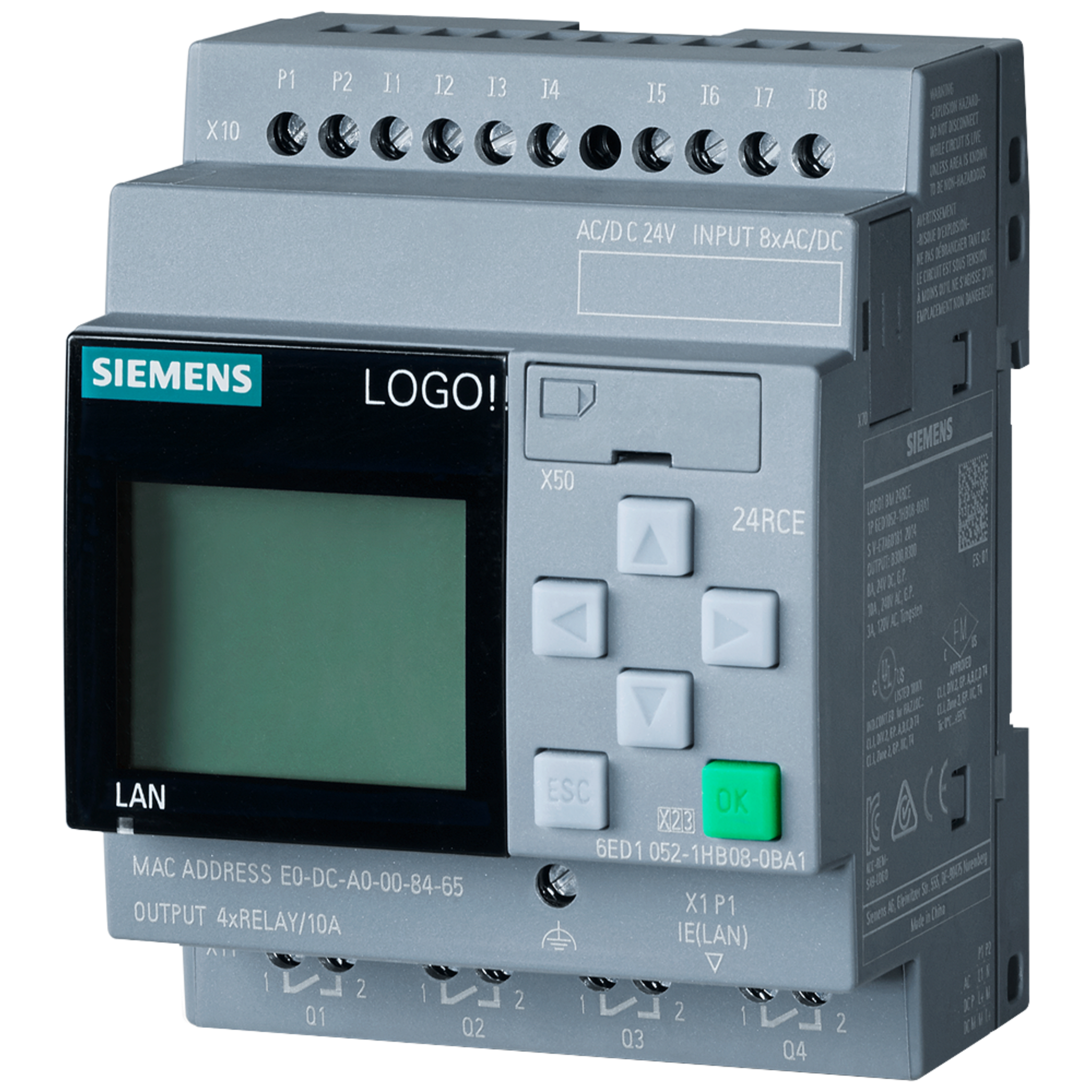 Módulo Lógico LOGO! 24RCE / Display FA/E/S / 24 V AC/DC / 8 DI / 4 DO Relé / Ethernet / Servidor Web / 400 Bloques Memoria / Ampliación Modular / Cloud MQTT