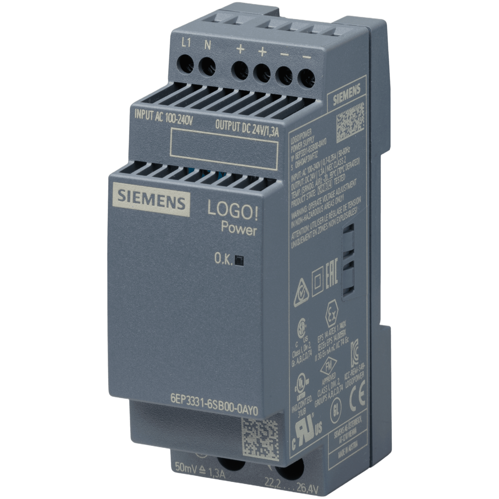 Fuente de Alimentación LOGO!POWER / 24 VDC 1.3A / Entrada 100-240V AC/DC / Ajustable 22.2-26.4V / Eficiencia 86% / IP20 / Montaje DIN Rail