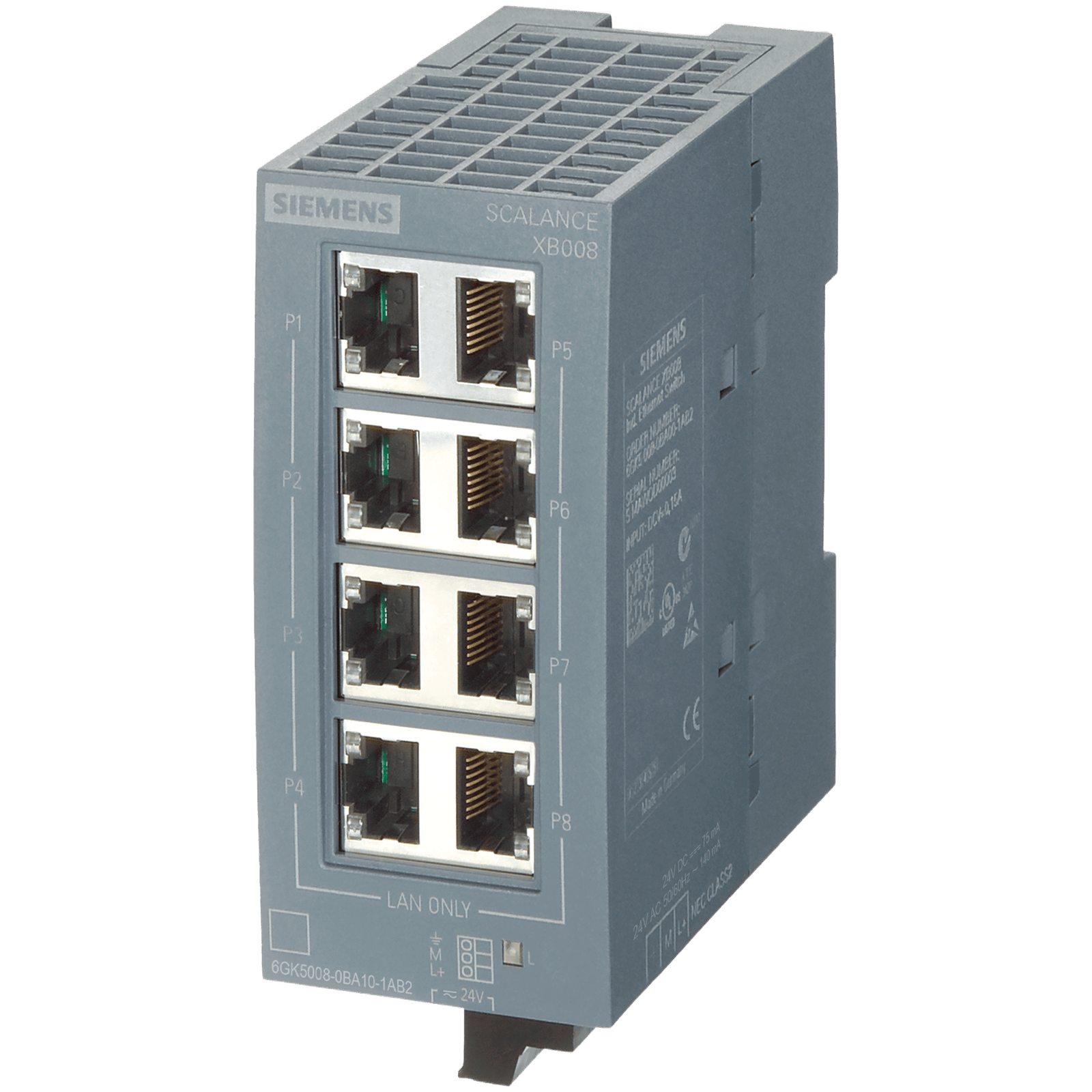Switch Industrial No Gestionado SCALANCE XB008 / 8 Puertos 10/100 Mbit/s RJ45 / IP20 / 24V AC/DC / Montaje DIN Rail y Pared / PRP / CoS / PROFINET Clase A