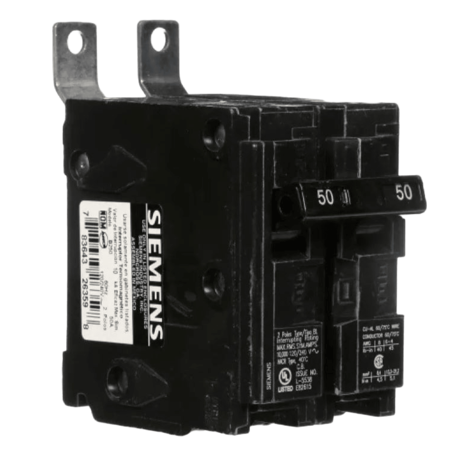 Interruptor automático atornillable tipo BL 2 polos, 50 amp.
