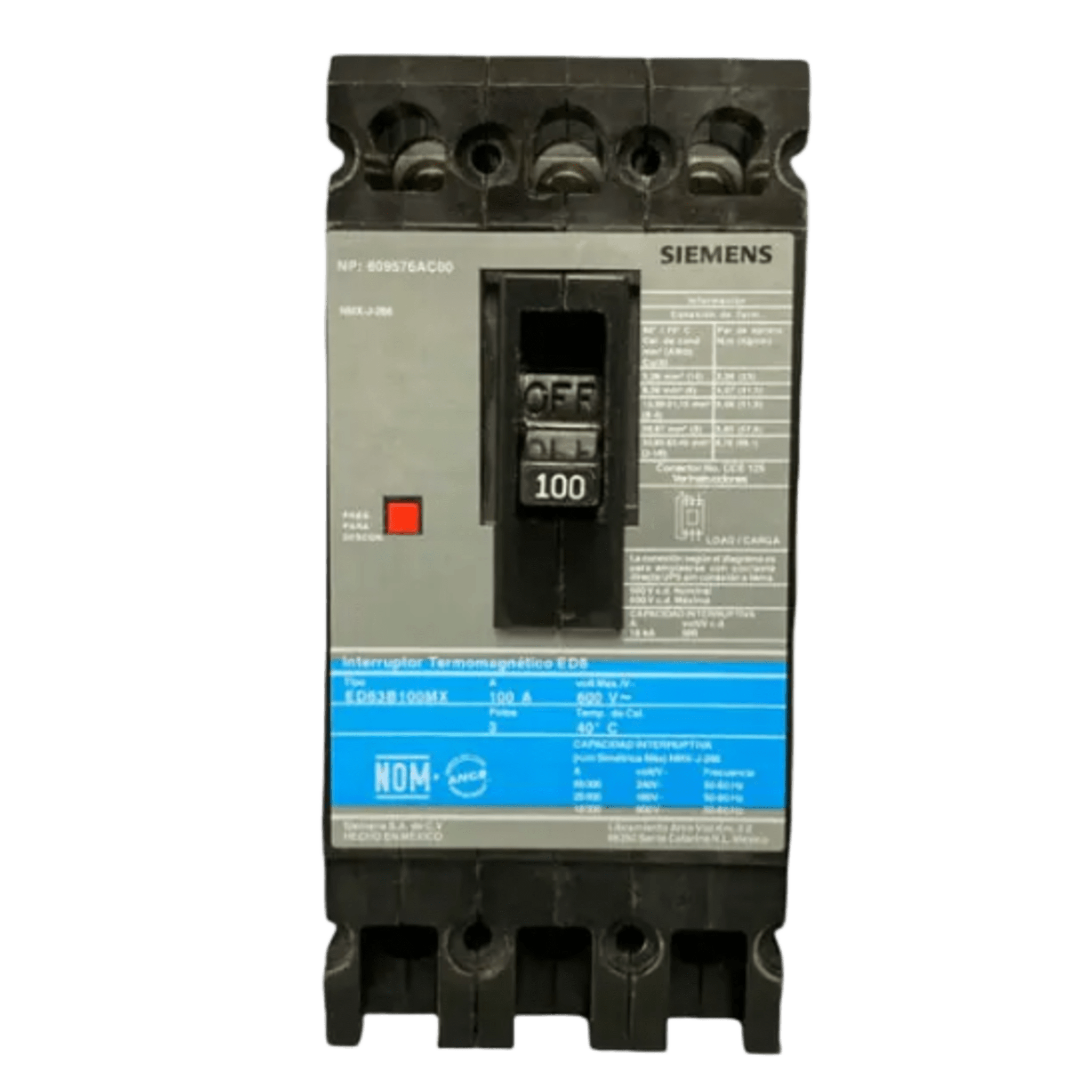 Interruptor Termomagnético ED6 600V 3X100A, Sin zapatas principales.