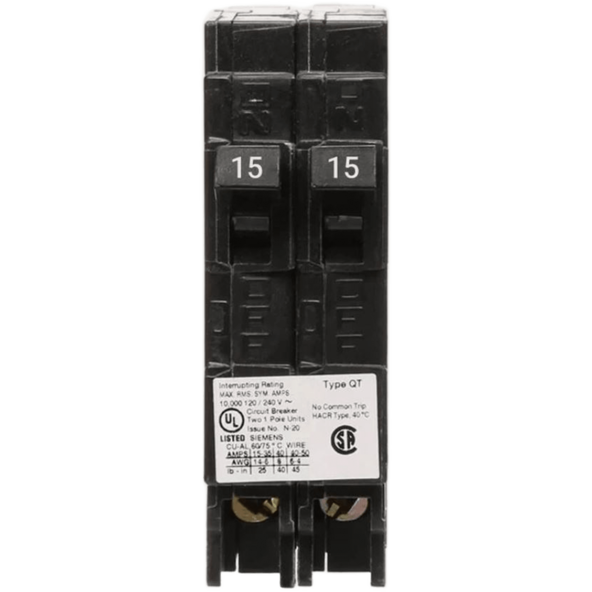 Interruptor automático DUPLEX enchufable tipo QT 2 polos, 15-15 amp